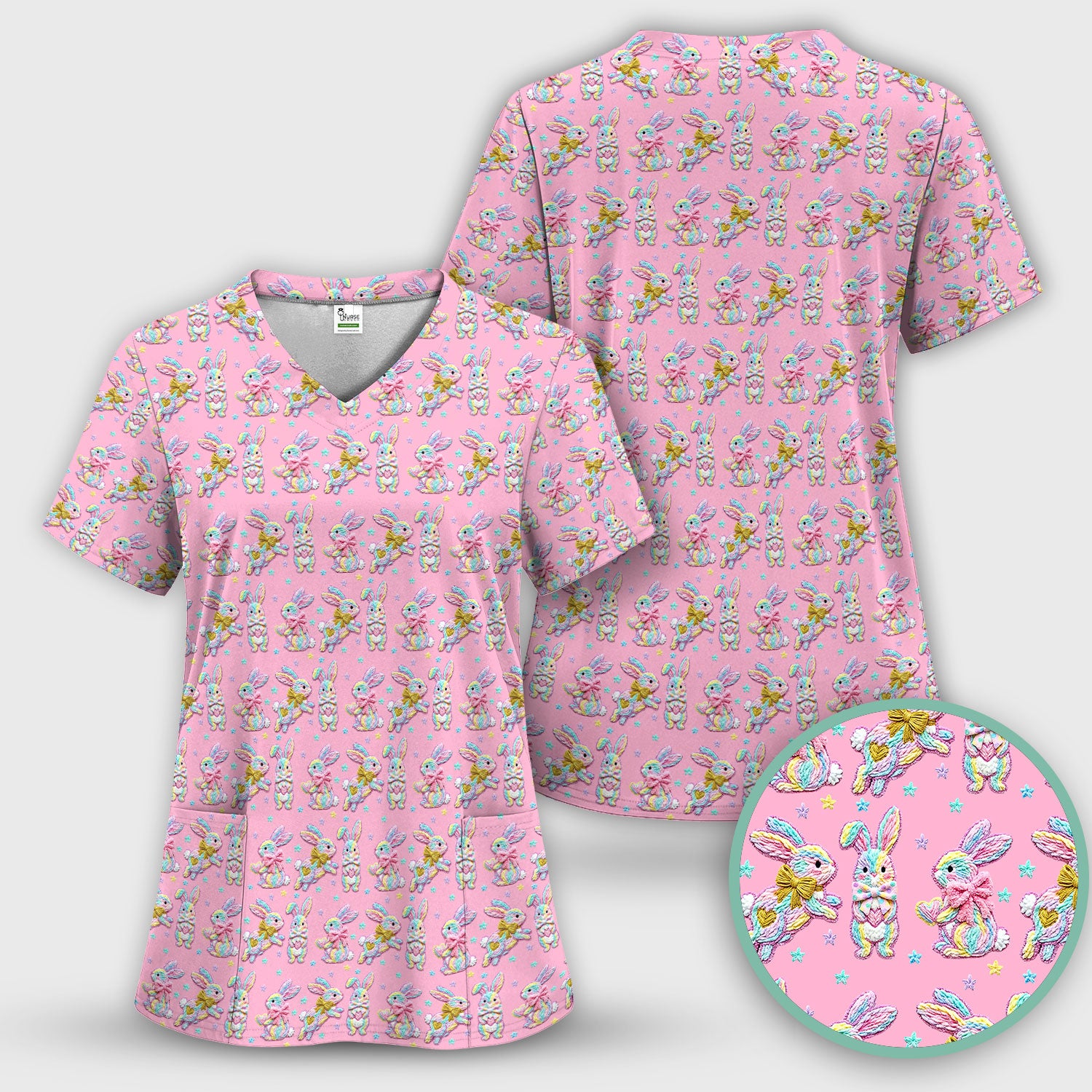 Cartoon Bunny All Over Print Scrub Top, Comfortable Scrubs for Nurses, Easter