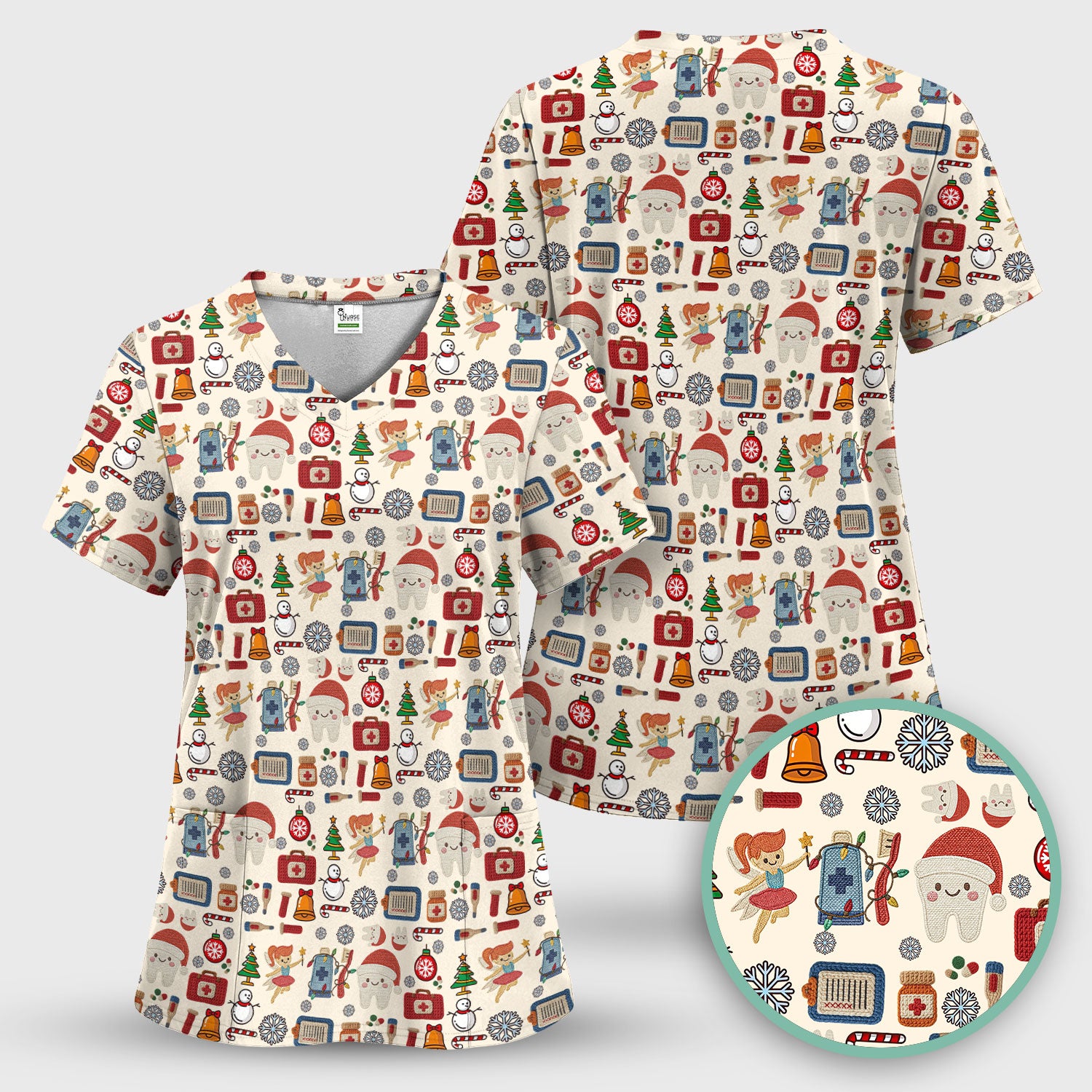 Christmas Dental Scrub Top - Cute Santa Tooth & Snowman Shirt - Festive Holiday Medical Uniform for Dentists, Hygienists & Nurses