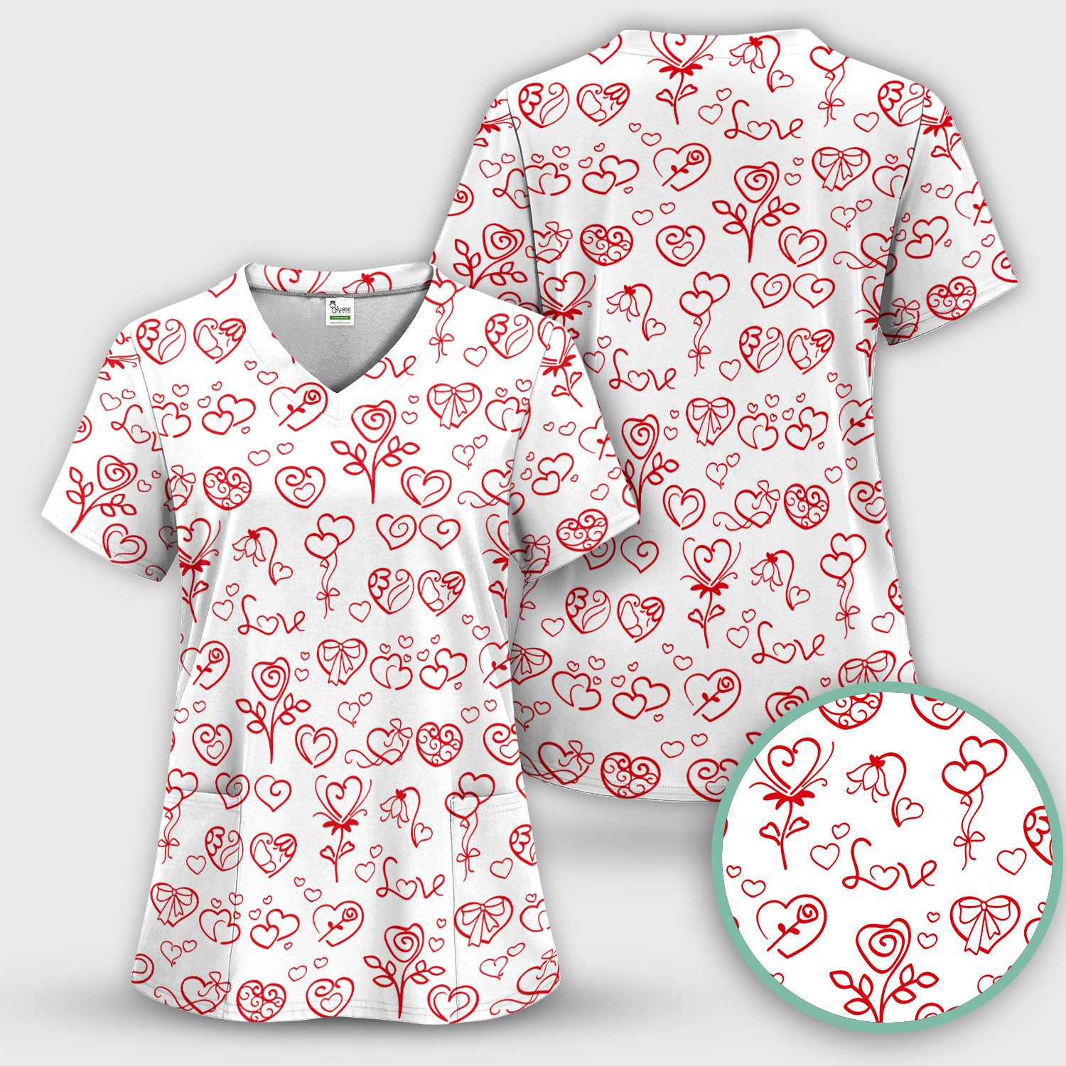Cute Valentine Heart Scrub Top, Artistic Heart Pink Love Line Art Pattern Nurse Shirt, Comfortable Scrubs For Nursing