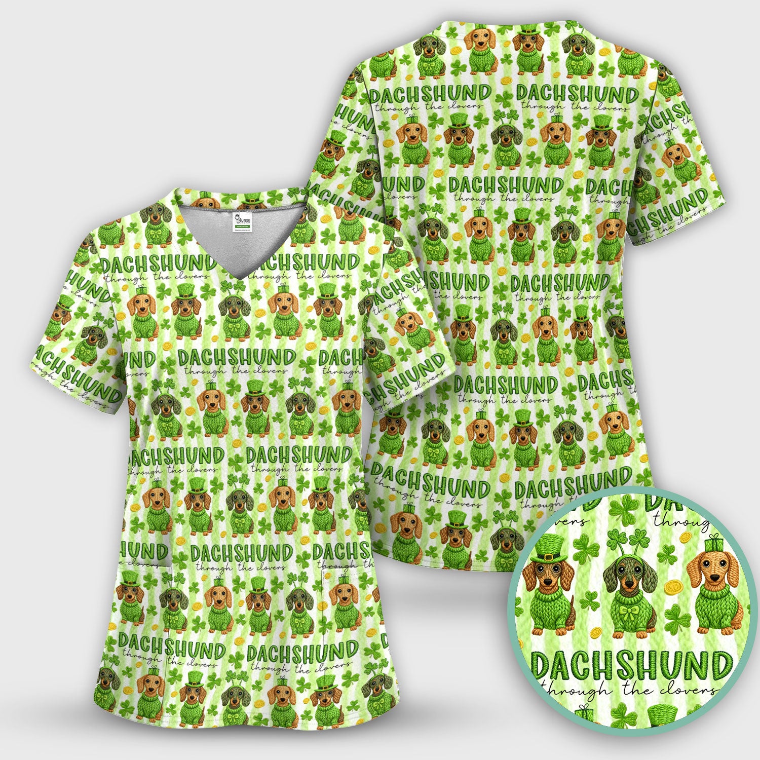 Wiener Dog St. Patrick’s Day Scrub Set, Shamrock Dachshund Pattern Nurse Shirt, Breathable Fabrics Nursing Uniform
