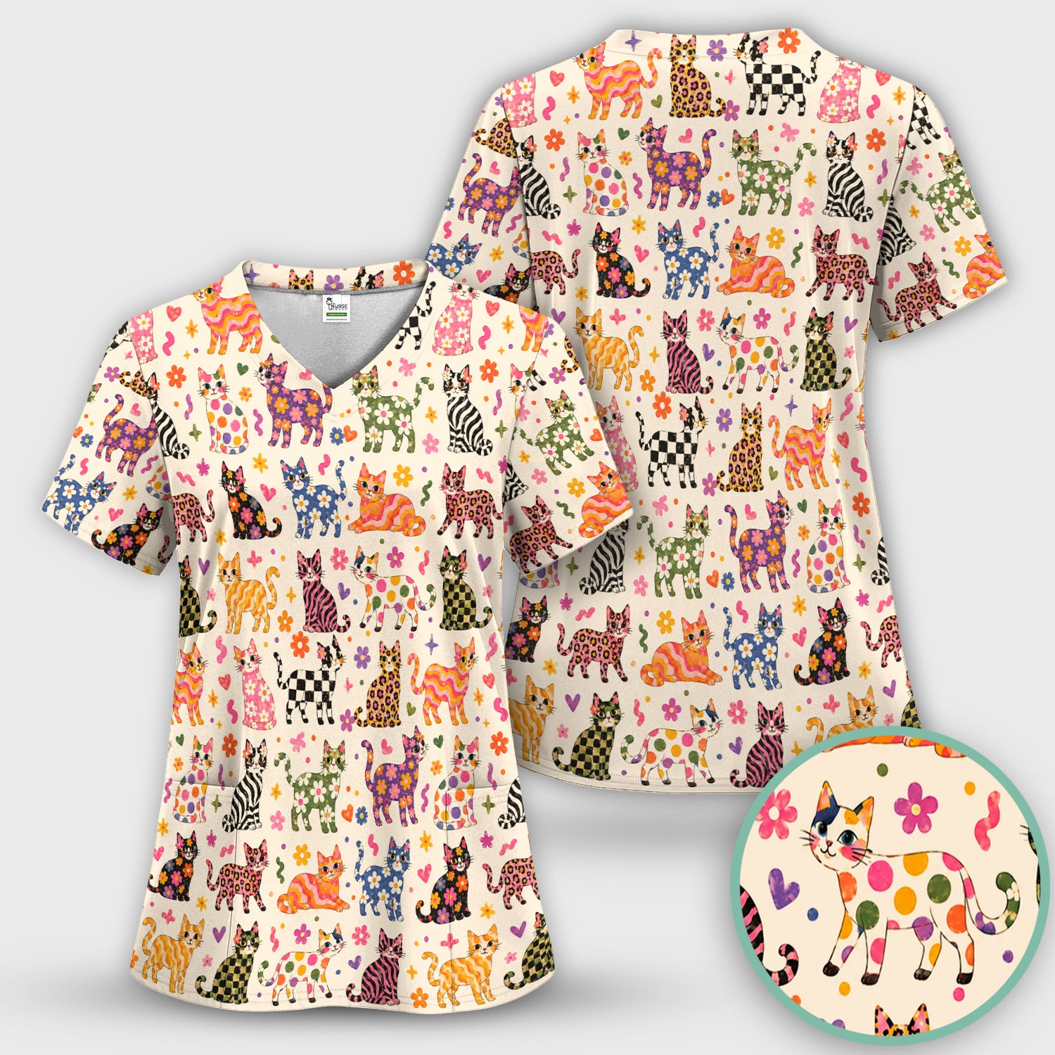 Colorful Cat with Floral Print Scrub Set, Scrub Pants and V Neck Top