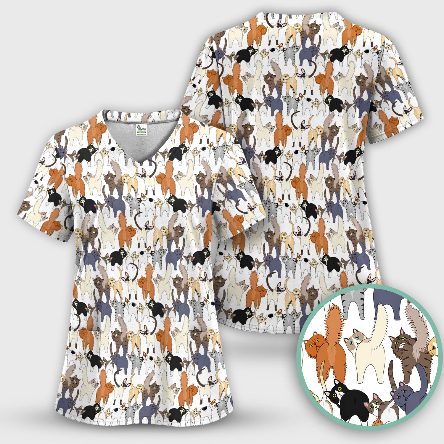 Whimsical Multicolor Cat Cartoon Pattern Scrub Top, Comfortable Scrubs for Nurses