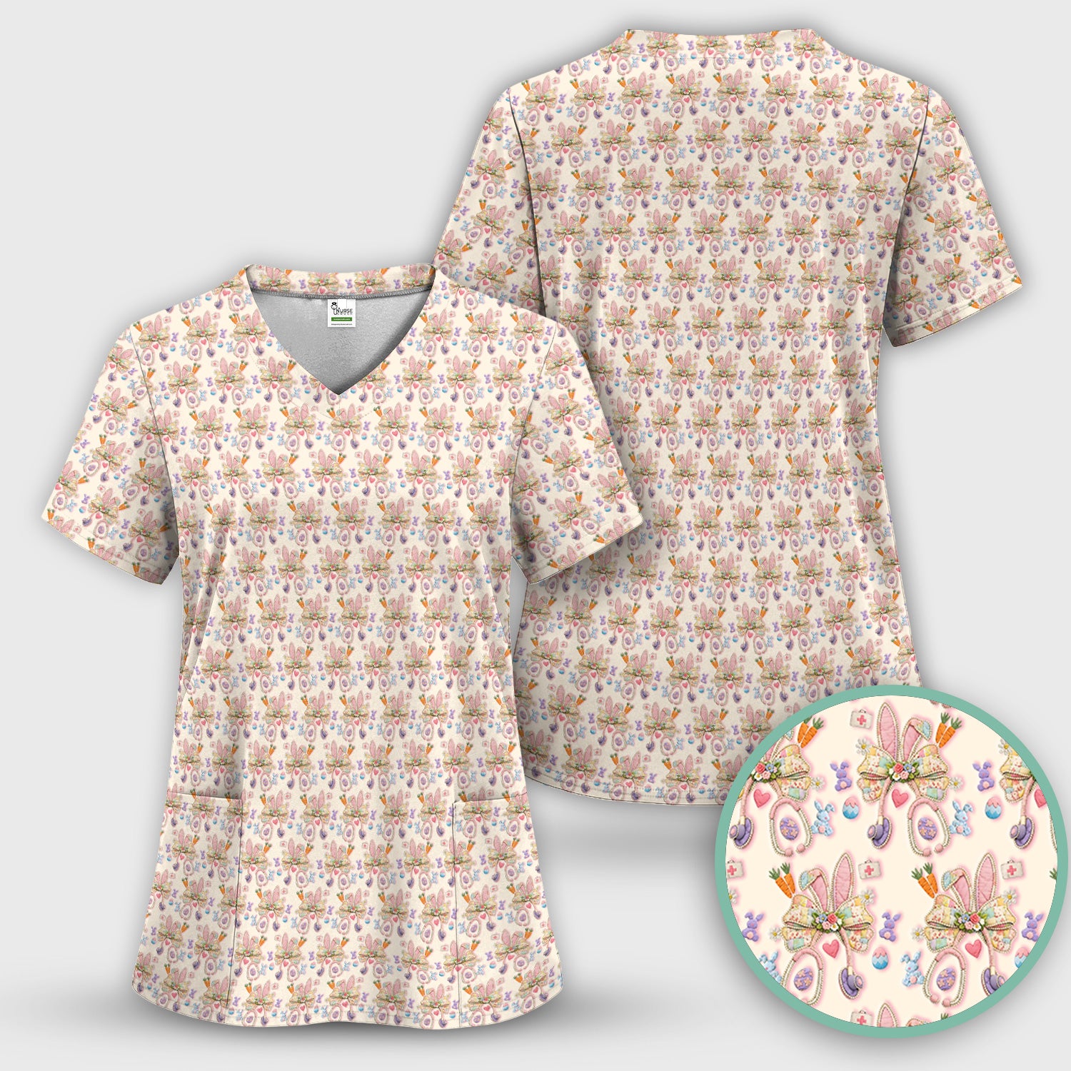 Easter Bunny Stethoscope Pastel Print Scrub Top, Comfortable Scrubs for Nurses