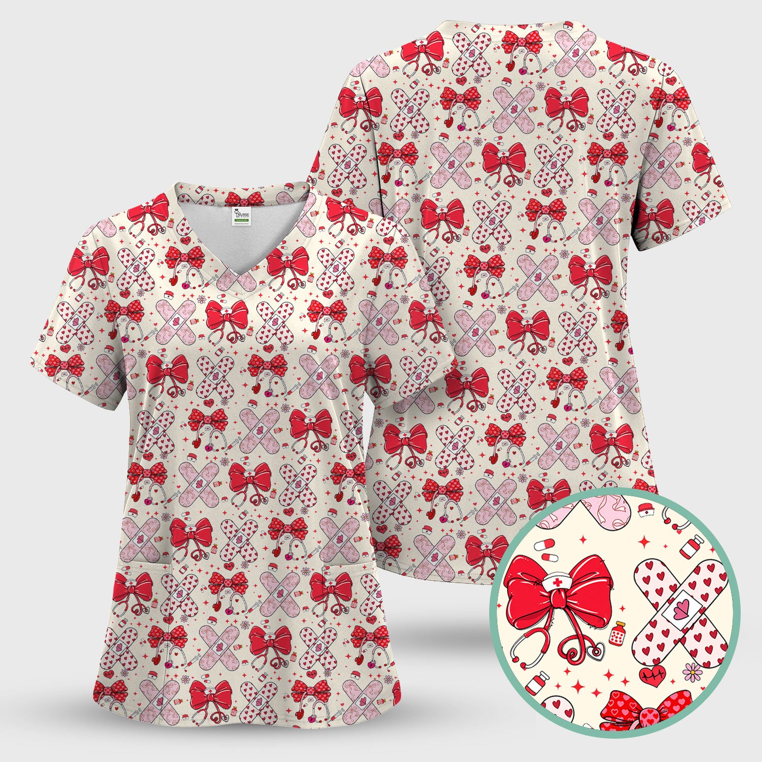 Valentine Nurse Scrub Top, Red Bow And Heart Bandage Pattern Medical Shirt, Breathable Fabrics Nursing Uniform