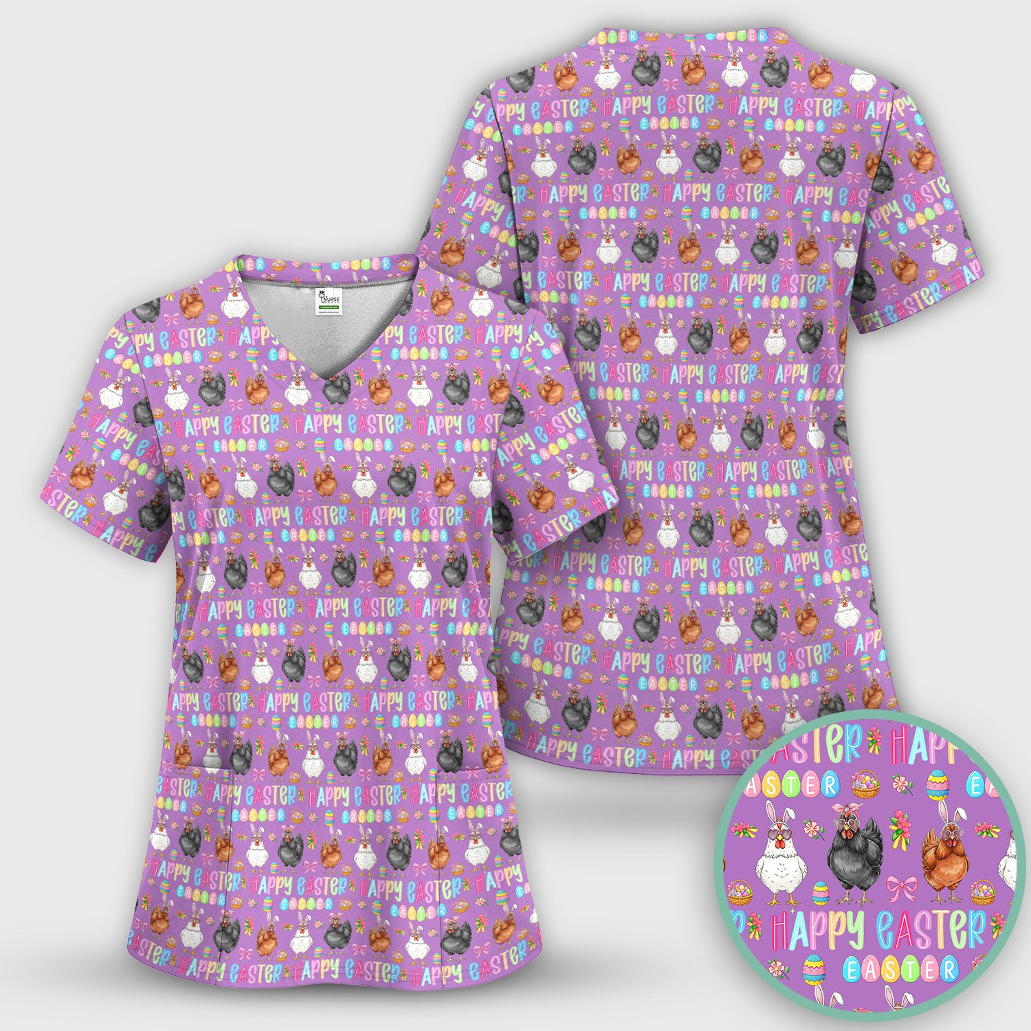 Happy Easter Bunny Eggs Pattern Scrubs Top, Comfortable Scrubs for Nurses