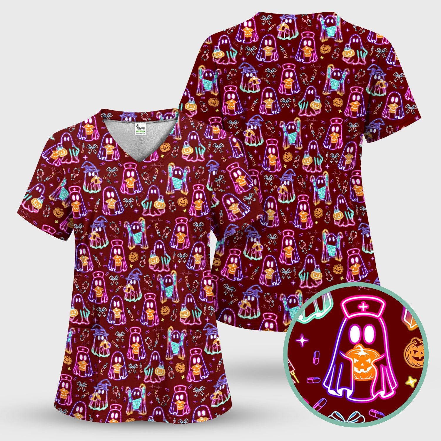 Spooky Neon Ghost Nurse Scrub Top - Halloween Pumpkin Nursing Shirt for Women - Cute Medical Uniform RN CNA LPN Gift