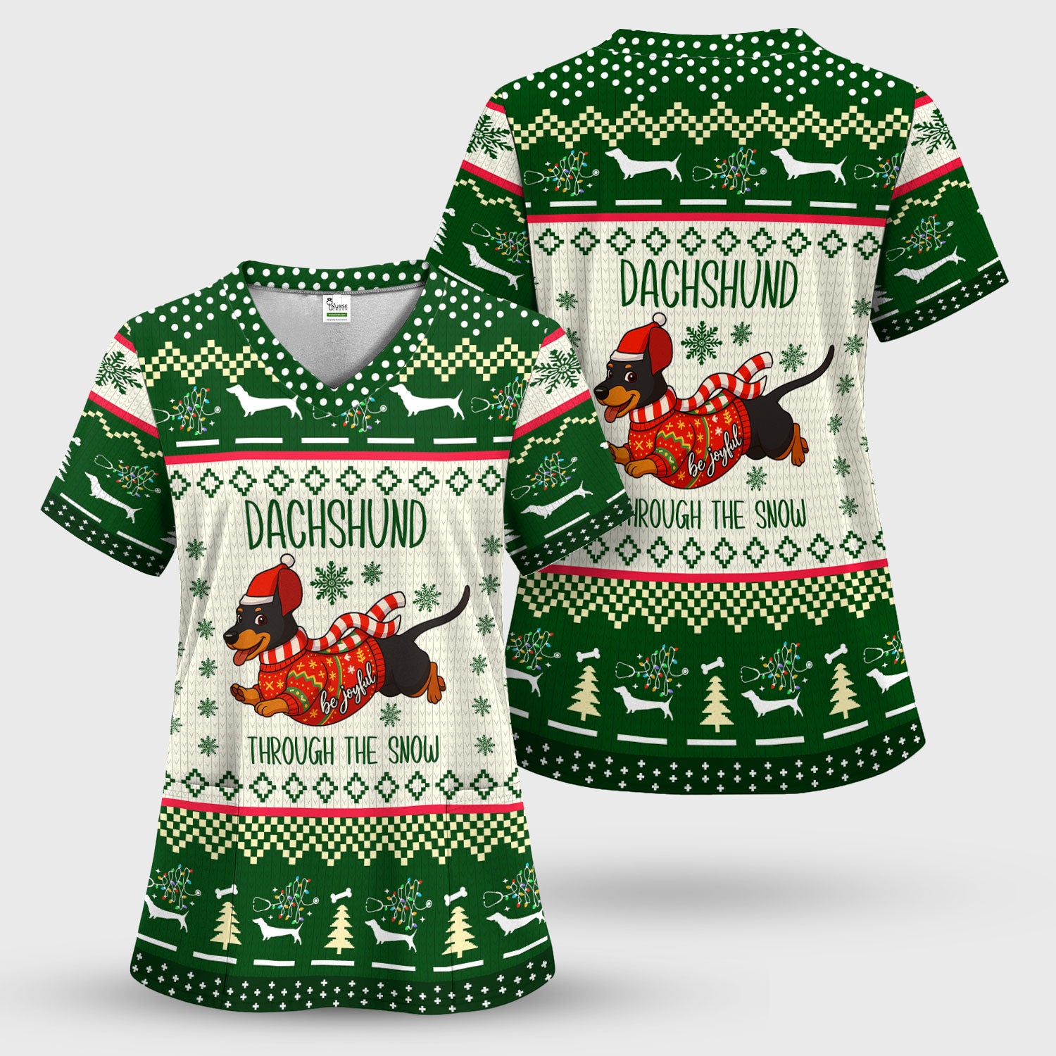 Wiener Dog Through The Snow Christmas Scrub Top - Cute Dachshund Nurse Shirt - Funny Holiday Medical Uniform