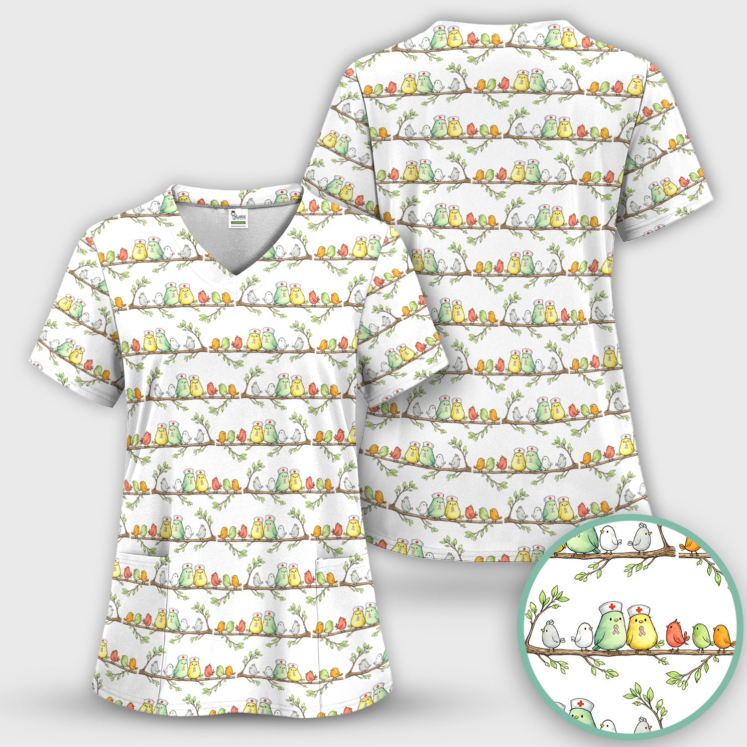 Cute Pink Ribbon Birds Scrub Set, Scrub Pants and V Neck Top