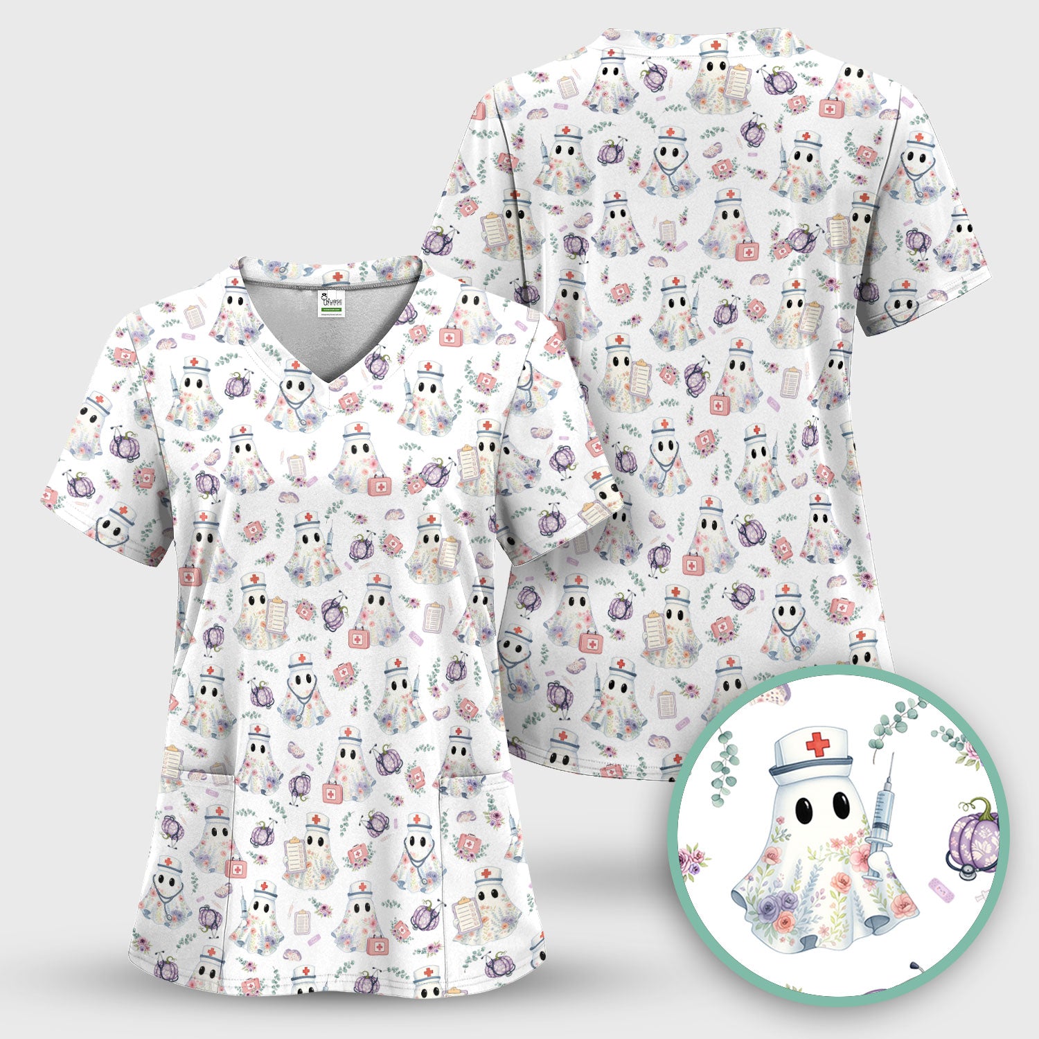 Ghost Nurse Medical Uniform - Cute Boo Halloween Pumpkin Scrub Top for Women - Gift for CRNA ICU Nurses