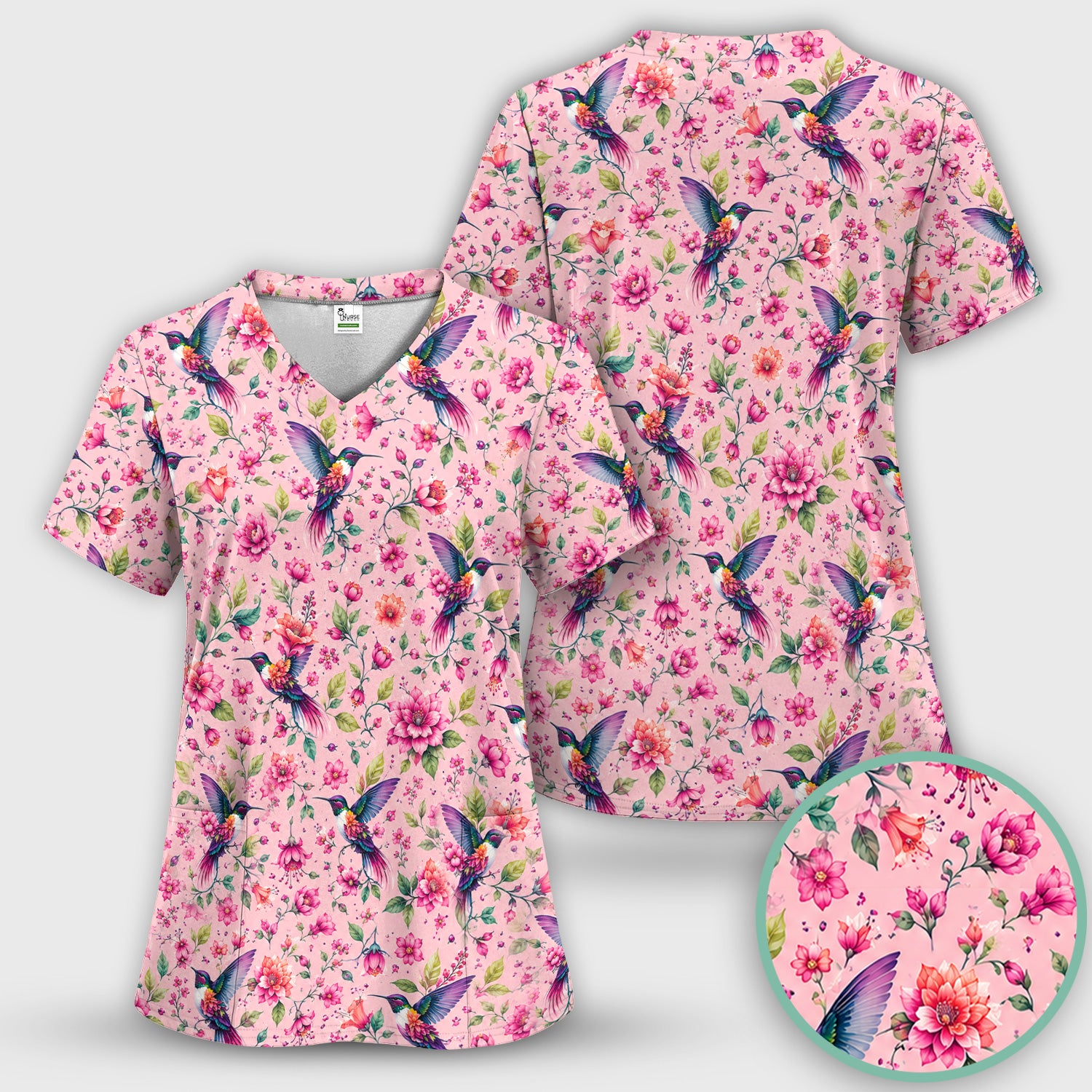 Pink Hummingbird Floral Garden Pattern Scrub Top, Comfortable Scrubs for Nurses