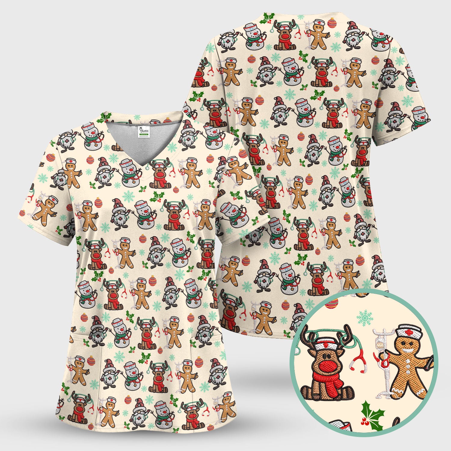 Christmas Gingerbread Scrubs for Women - Comfortable Scrubs for Nurses - Reindeer Santa Med Shirt - Breathable Fabrics Nursing Uniform