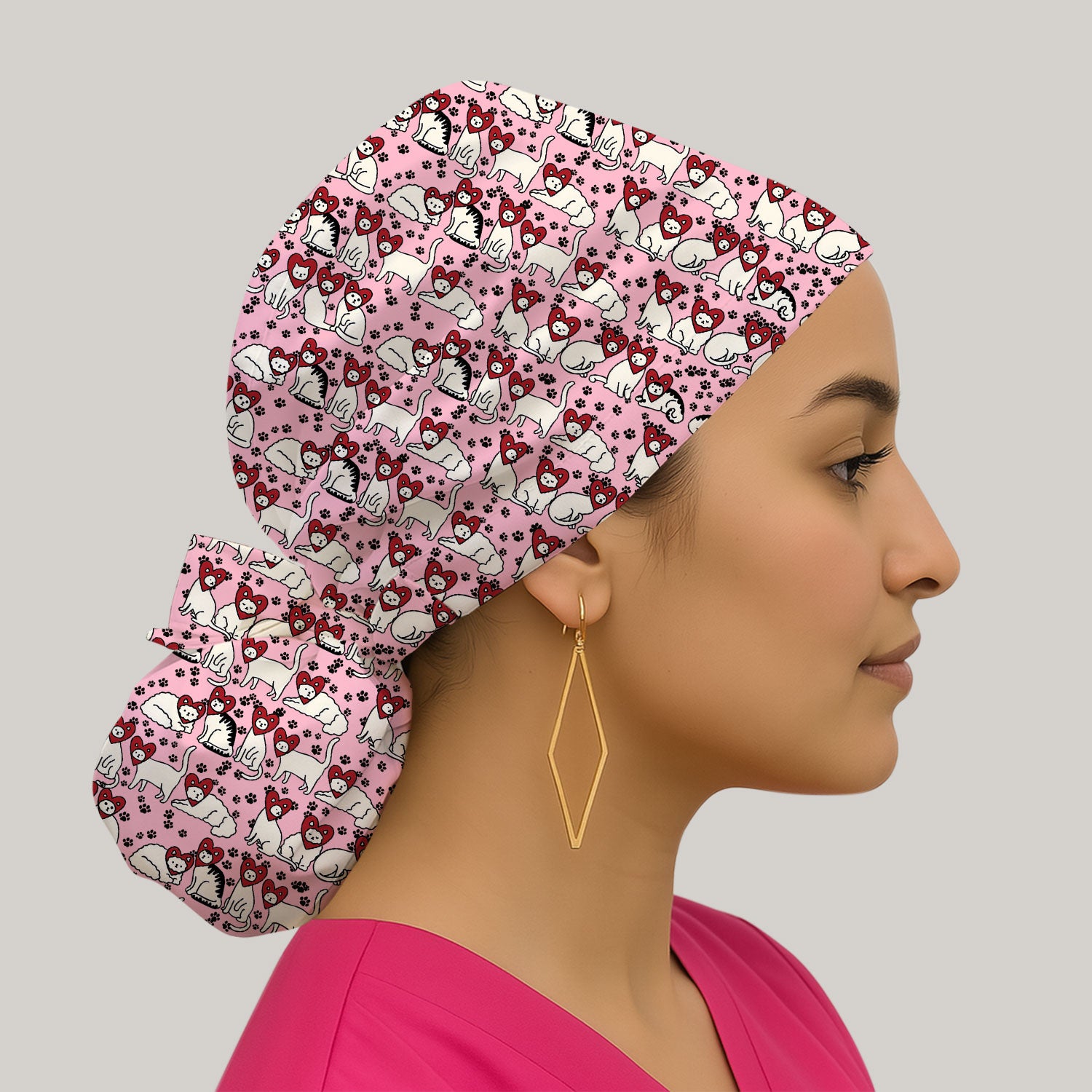 Cute Cat Heart Pattern Scrub Cap, Funny Cat Scrub Hat For Nurses, Breathable Fabrics Nursing Uniform