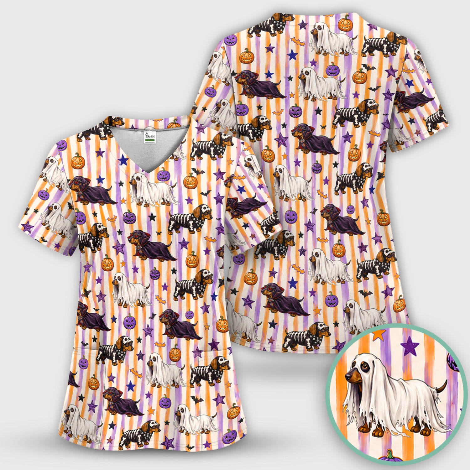 Halloween Dachshund Stripe Pattern Scrub Top, Comfortable Scrubs for Nurses