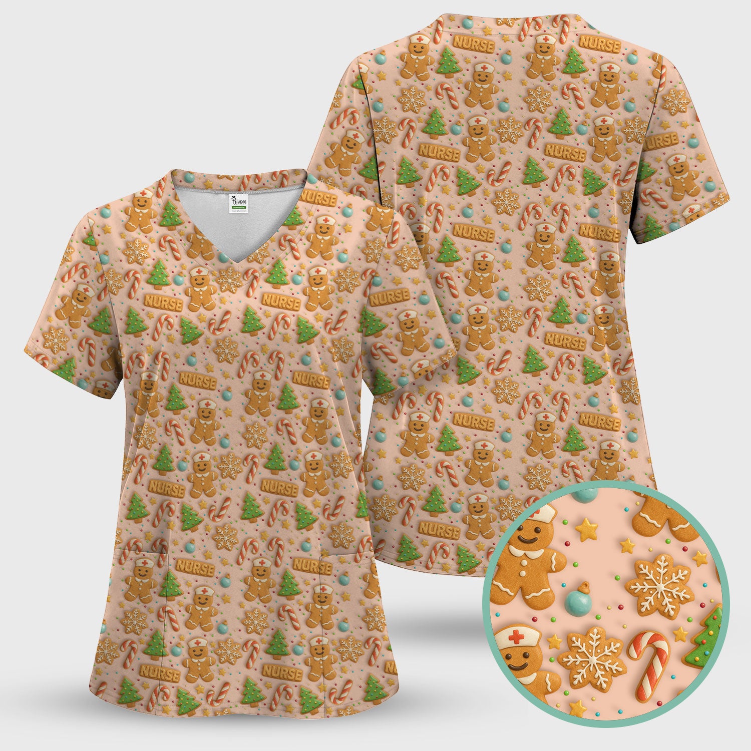 Cute Gingerbread Christmas Scrubs for Women - Holiday Cookie Pattern Scrub Top & Pants - Festive Christmas Scrubs with Charming Design
