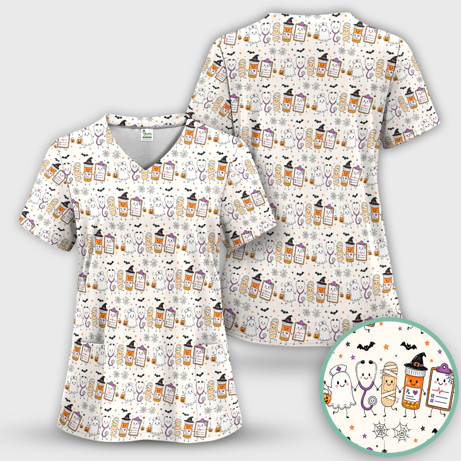 Halloween Medical Characters Print Scrub Top, Comfortable Scrubs for Nurses