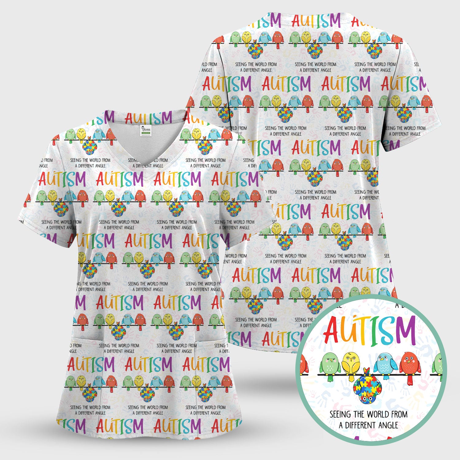 Autism Seeing The World From A Different Angle Birds Scrub Top ,Comfortable Scrubs for Nurses