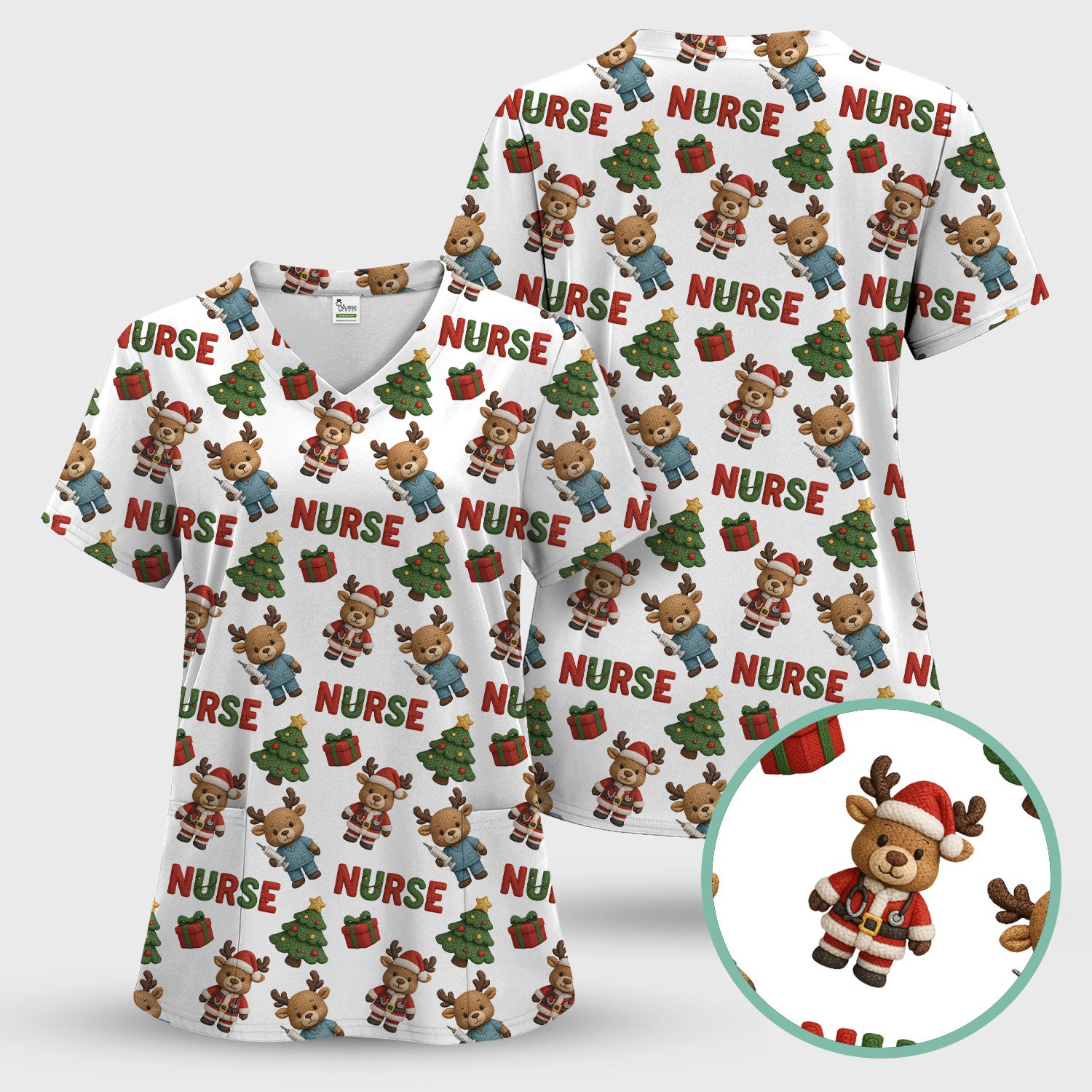 Reindeer Christmas Scrub Top, Cute Holiday Nurse Scrub Shirt, Festive Pattern Nursing Uniform