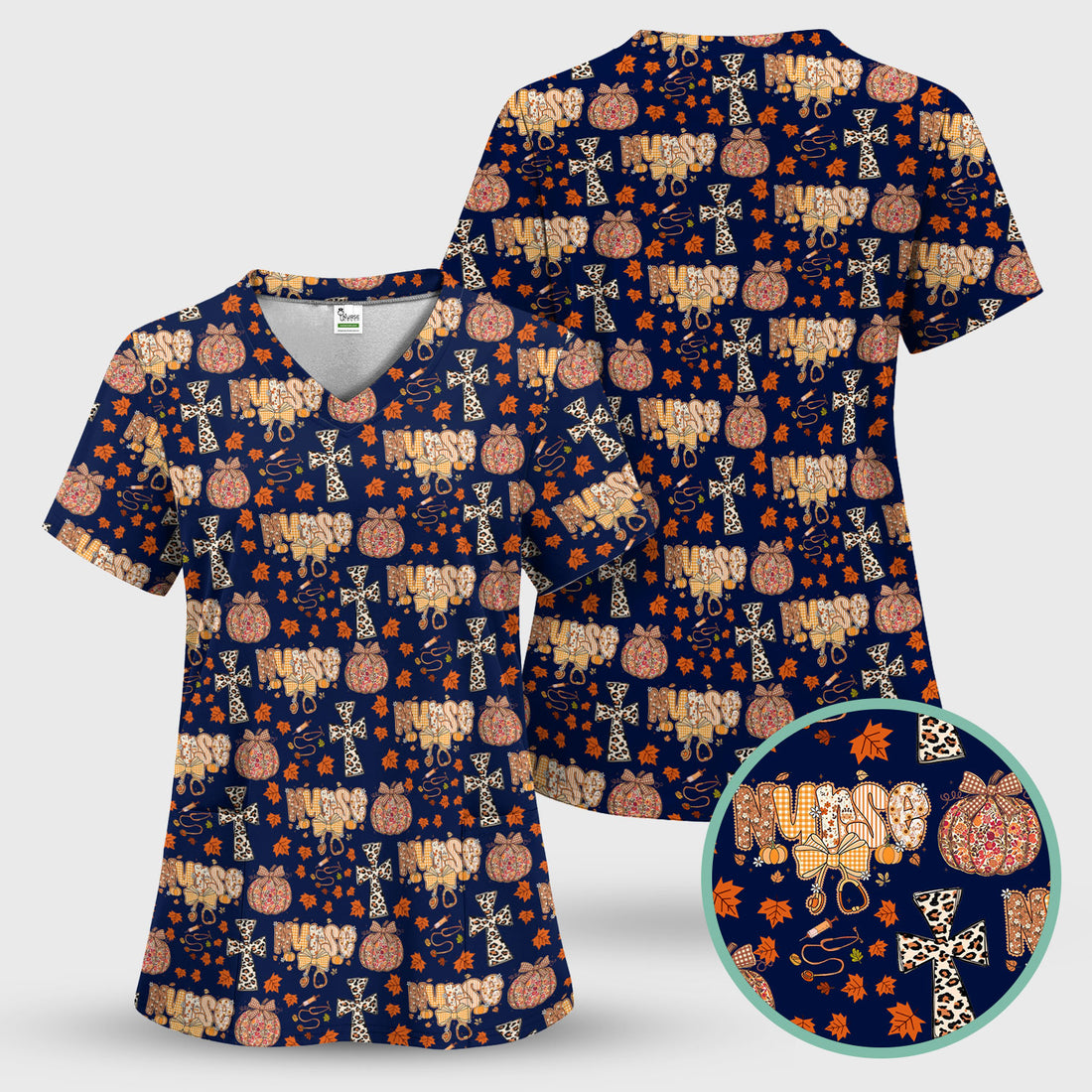 Floral Pumpkin Scrub Top for Women - Coquette Bow Thanksgiving Shirt - Comfortable Medical Uniform