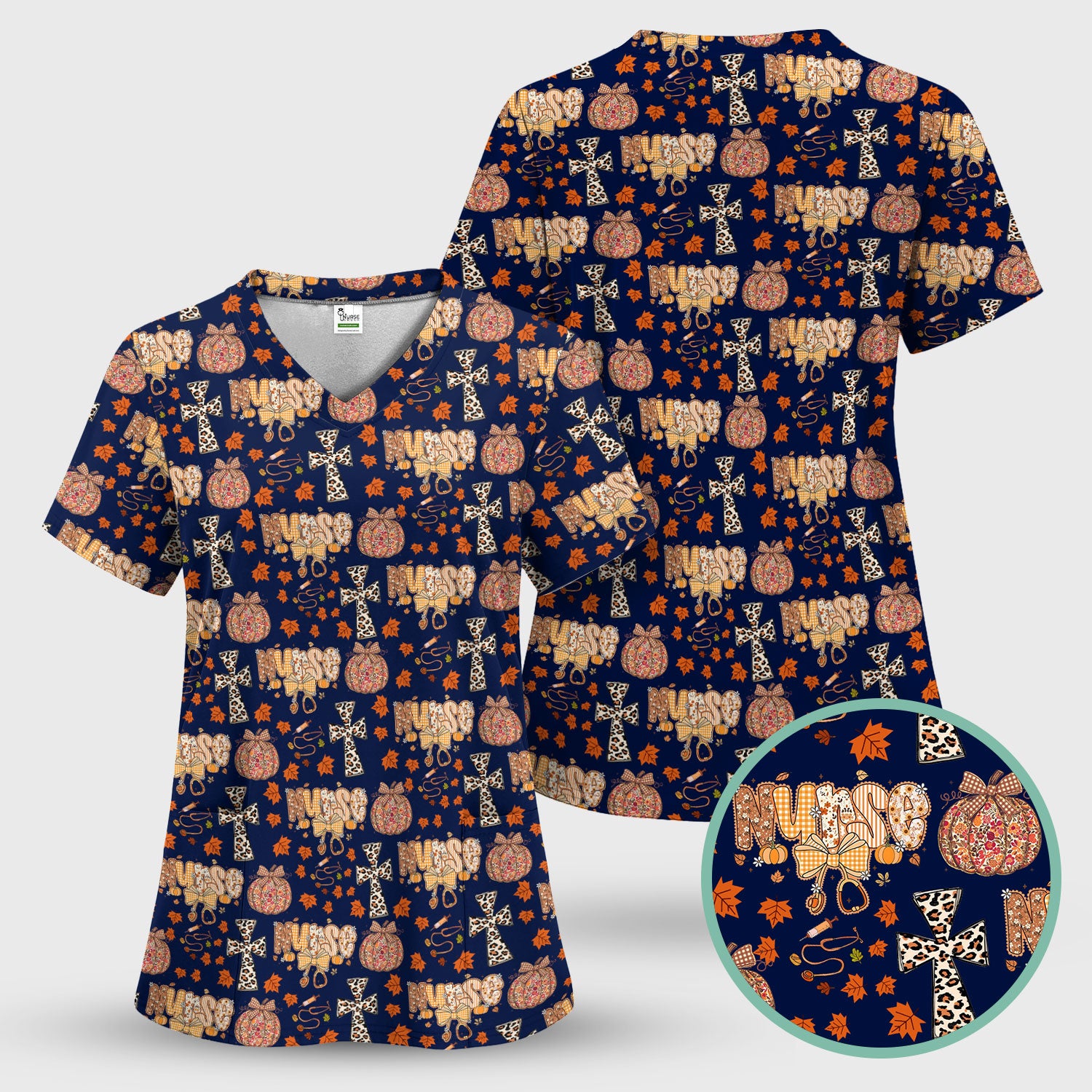 Floral Pumpkin Scrub Top for Women - Coquette Bow Thanksgiving Shirt - Comfortable Medical Uniform