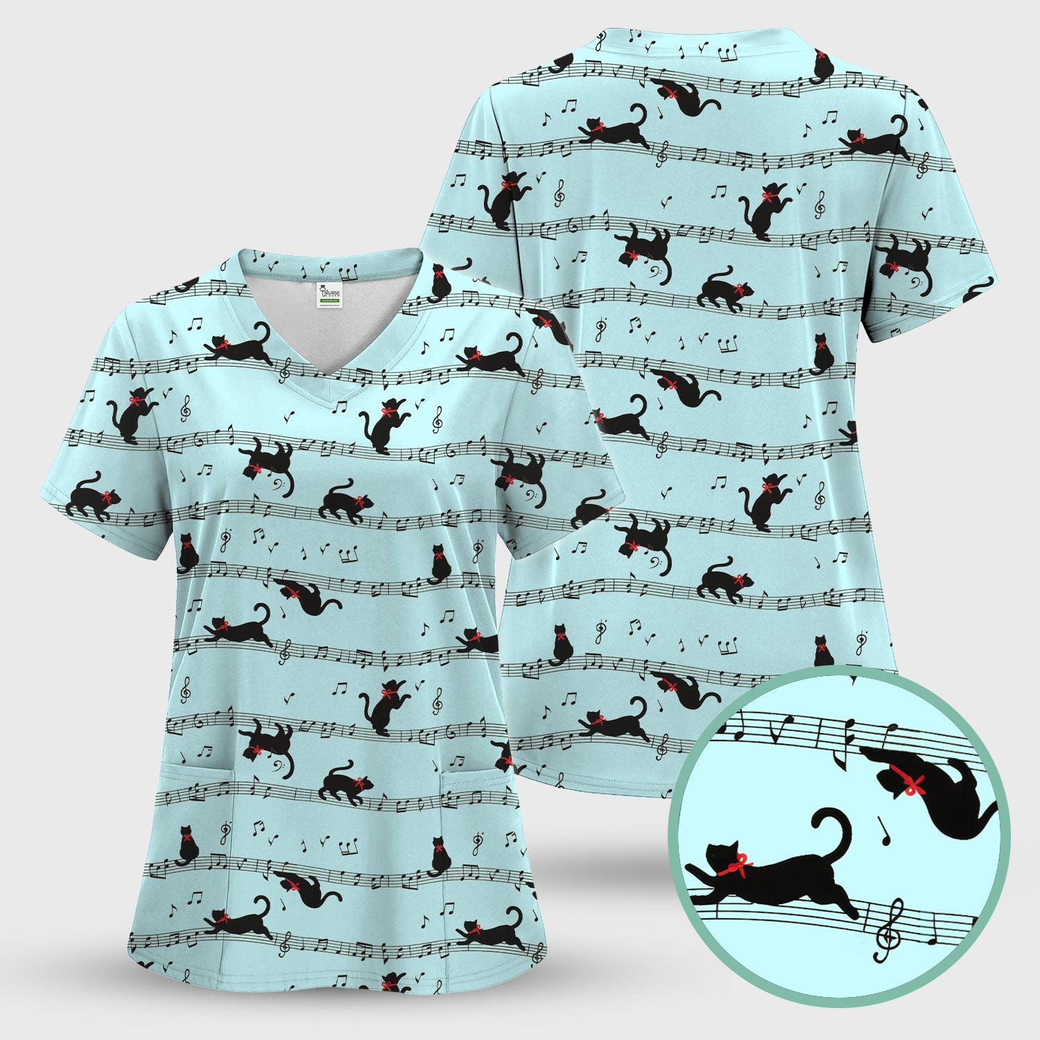 Cute Dancing Black Cat Music Staff Pattern Scrub Top, Comfortable Scrubs for Nurses