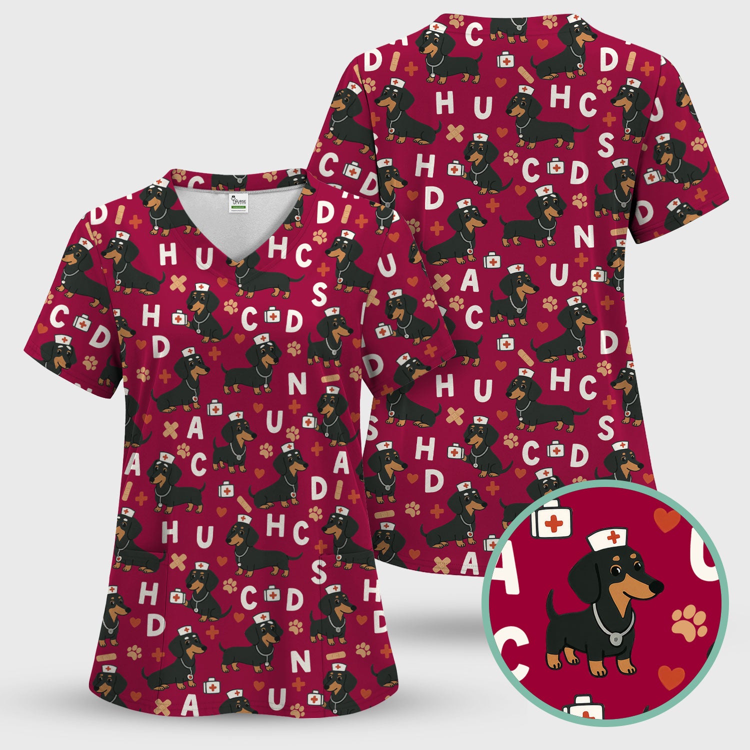 Dachshund Nurse Scrub Set for Women - Cute Sausage Dog Pattern Scrubs Top and Pants - Funny Animal Print Gift for RN LPN CNA