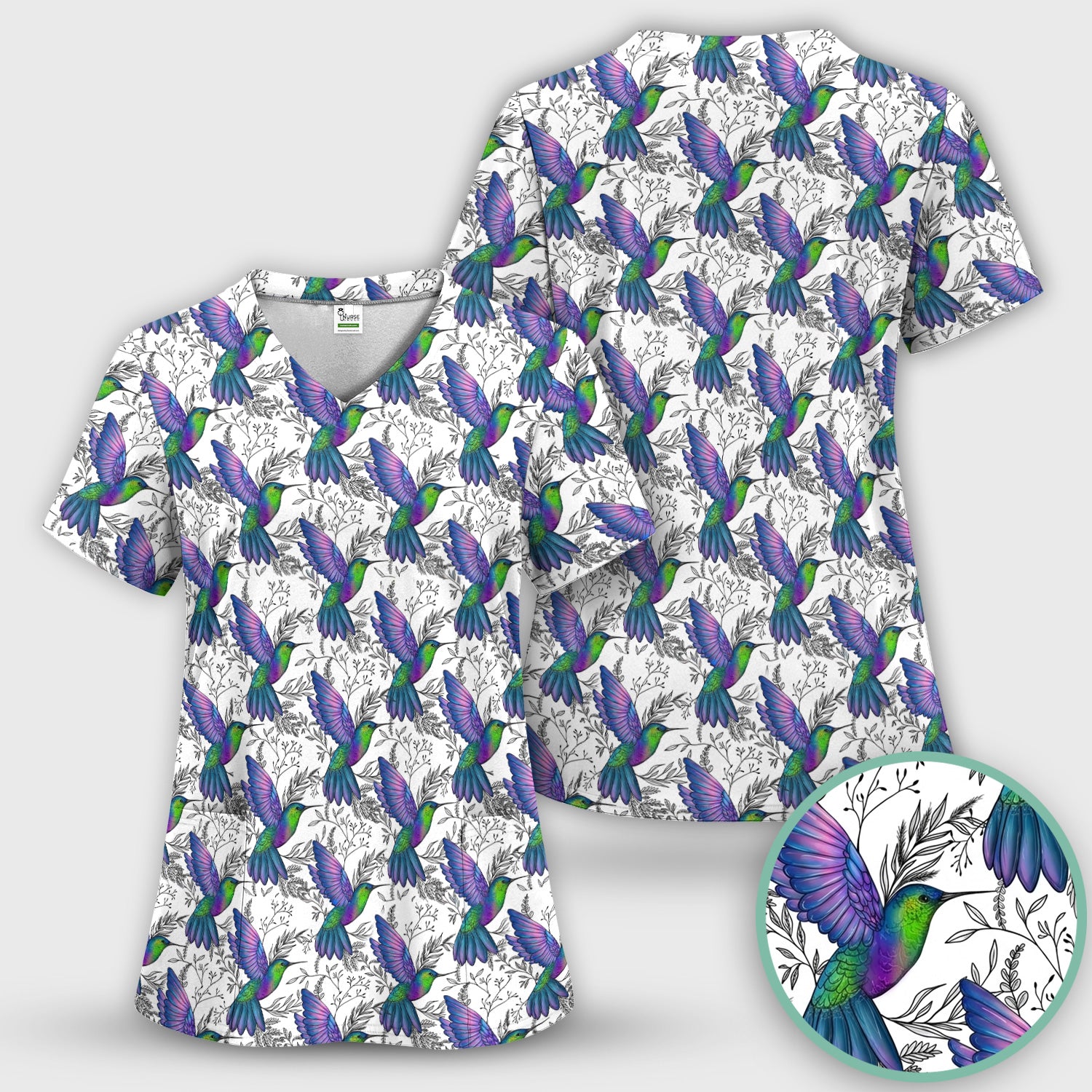 Colorful Hummingbird Flying Botanical Pattern Scrub Top, Comfortable Scrubs for Nurses