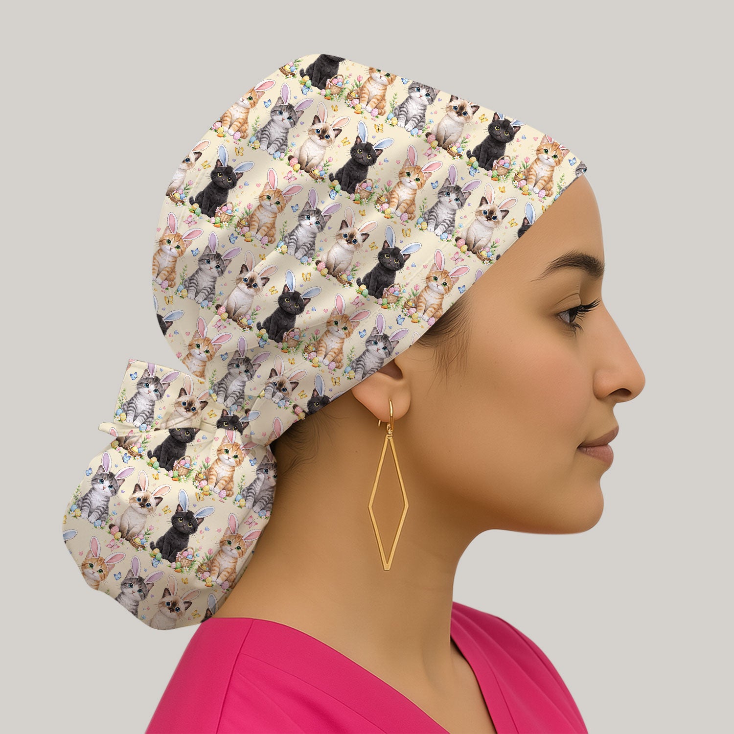 Easter Kitten Bunny Ears Pattern Cap, Bouffant Scrub Caps for Women
