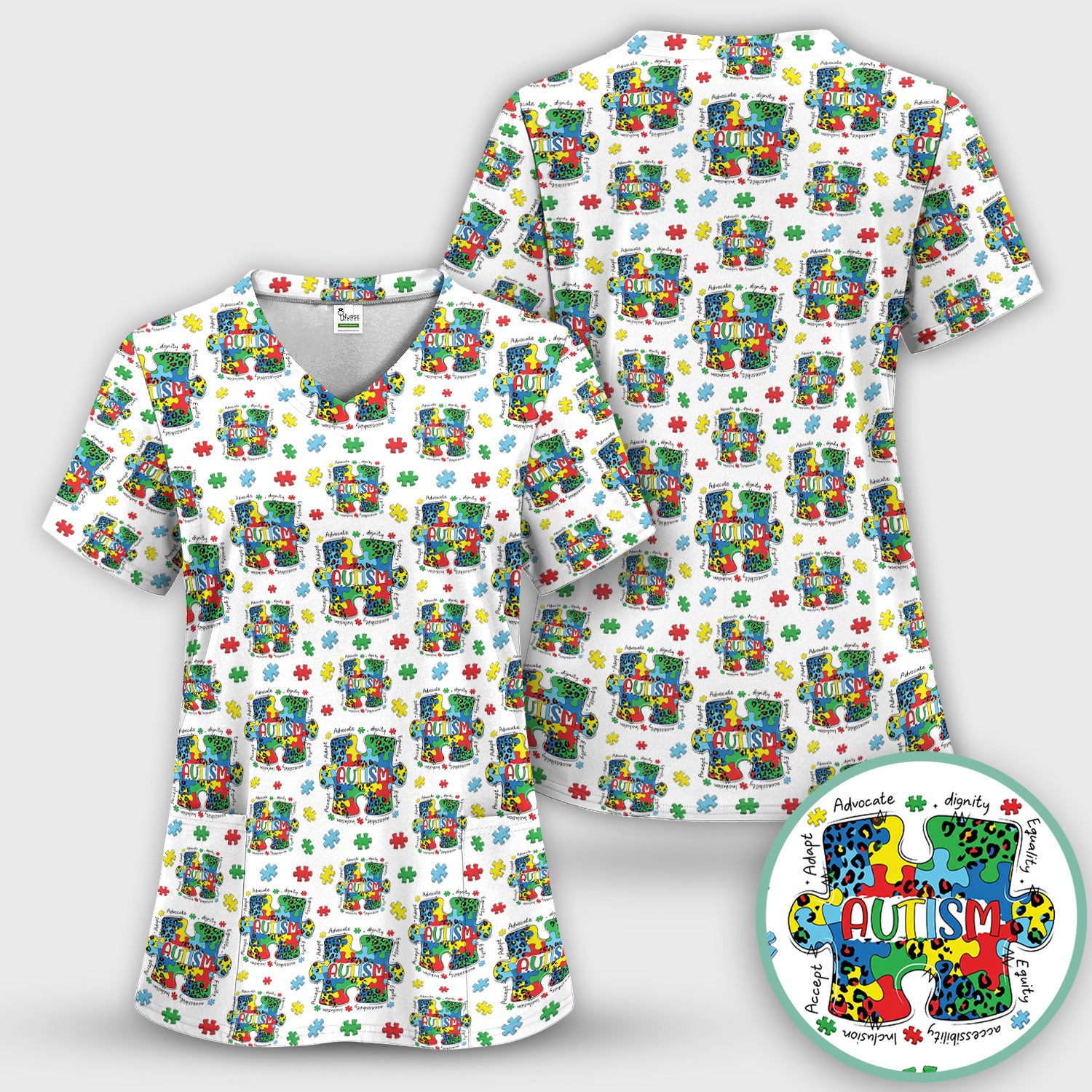 Autism Awareness Puzzle Pattern Scrub Set, Scrub Pants and V Neck Top