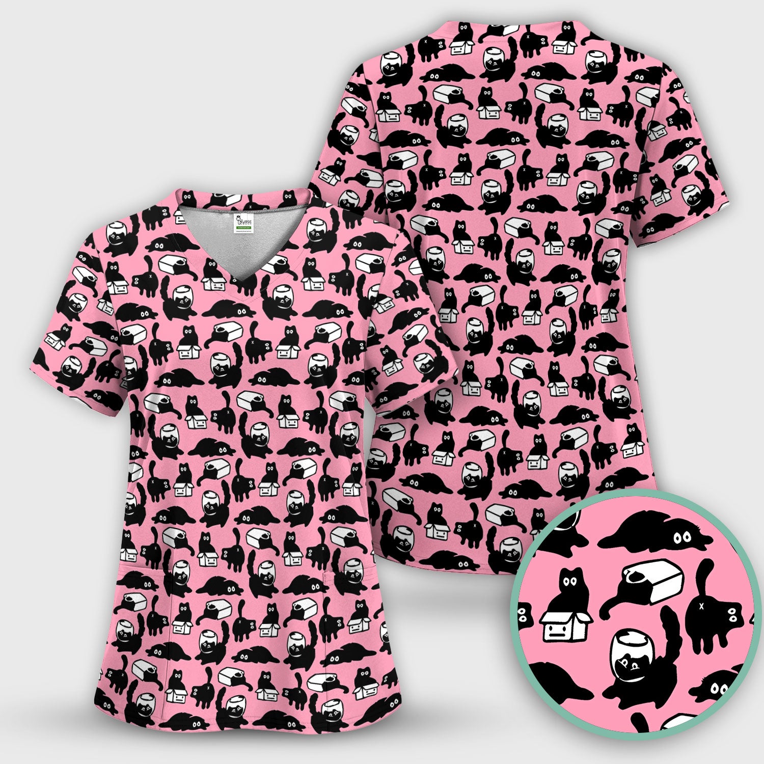 Dark Playful Cat Cartoon Pattern Scrub Top, Comfortable Scrubs for Nurses