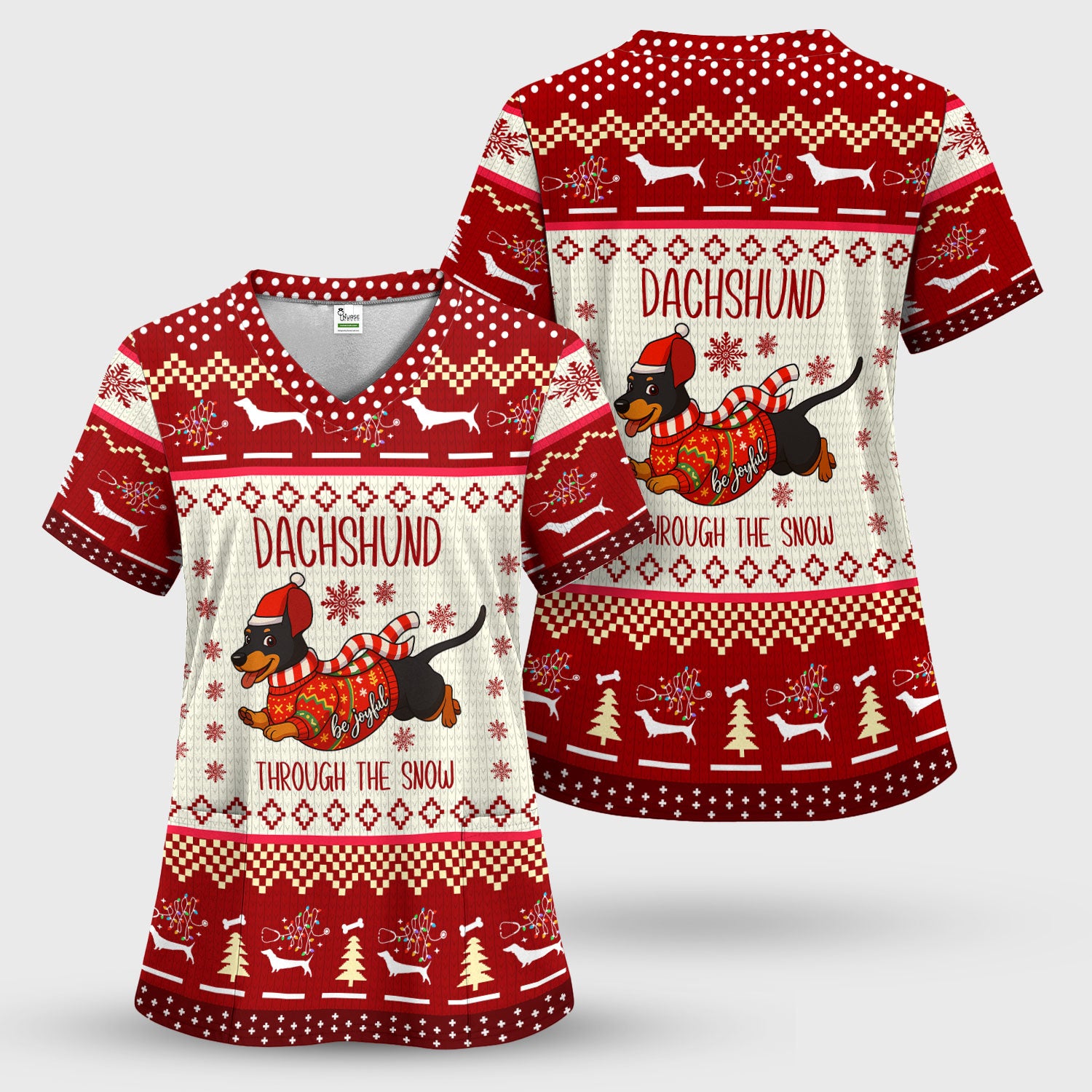 Wiener Dog Through The Snow Christmas Scrub Top - Cute Dachshund Nurse Shirt - Funny Holiday Medical Uniform