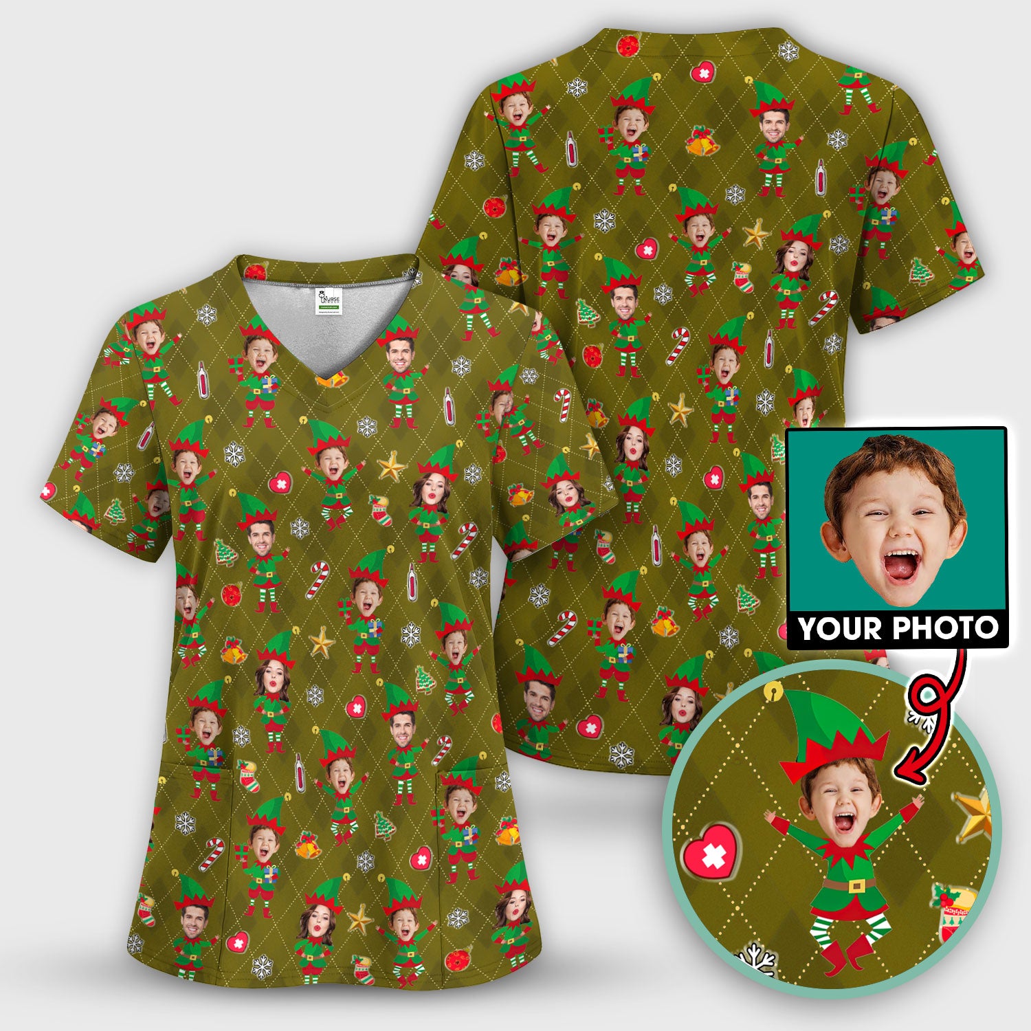 Personalized Face Nurse Shirt, Custom Photo Christmas Scrub Top, Funny Holiday Medical Uniform For Nursing