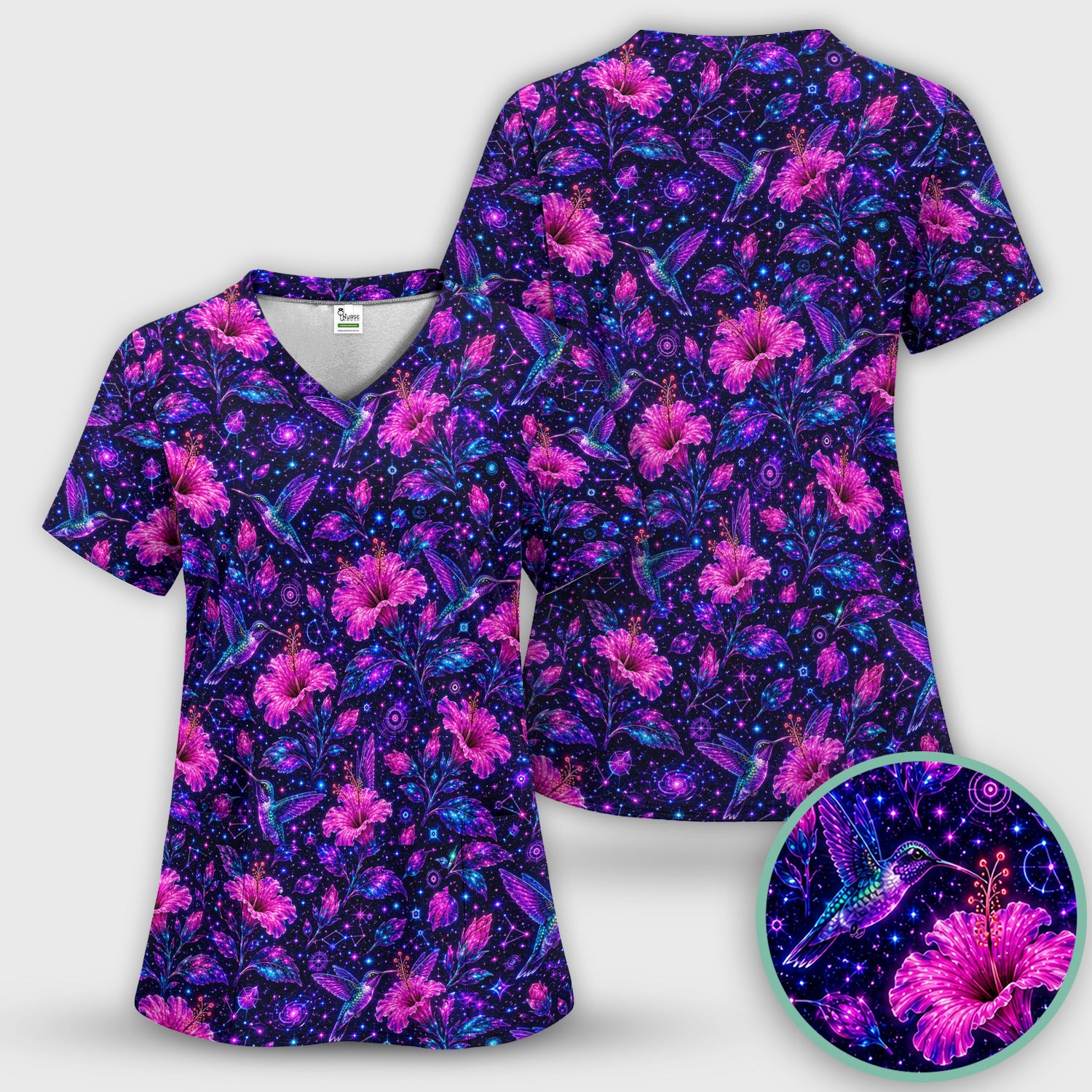 Galaxy Floral Hummingbird Nurse Pattern Scrub Top, Comfortable Scrubs for Nurses