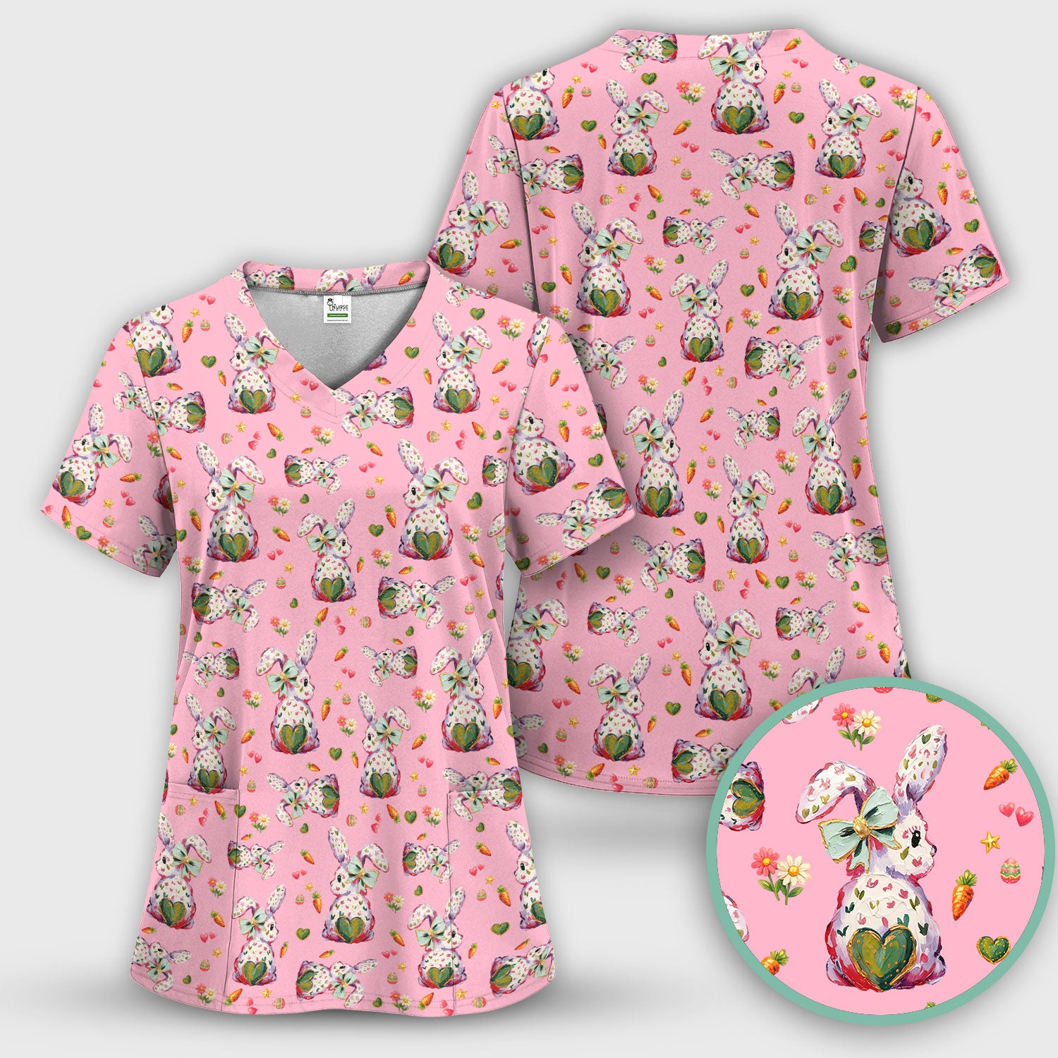 Cute Pastel Bunny Easter Pattern Scrub Top, Comfortable Scrubs for Nurses