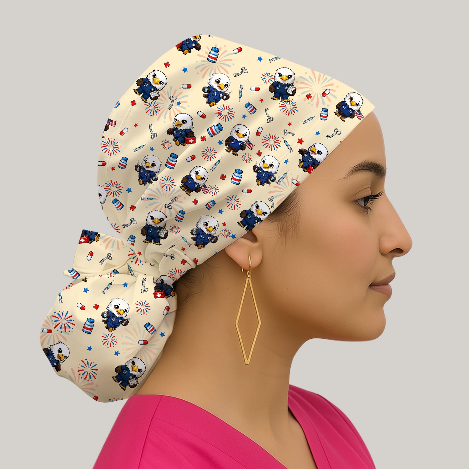 Patriotic Nurse Eagle Fireworks Medical Pattern Cap, Bouffant Scrub Caps for Women