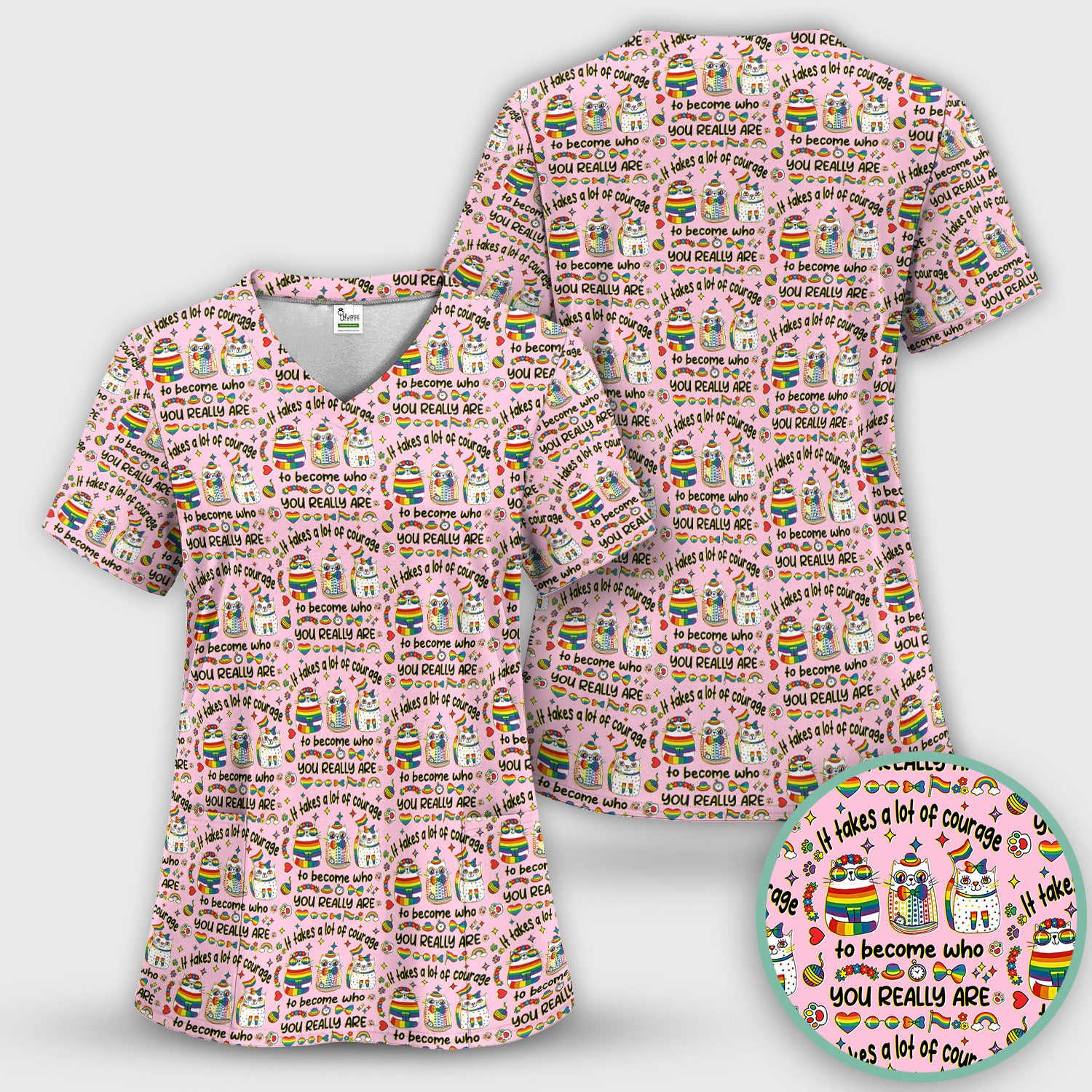 Inspirational Nurse Rainbow Cat Courage Quote Pattern Scrub Top, Breathable Fabrics Nursing Uniform