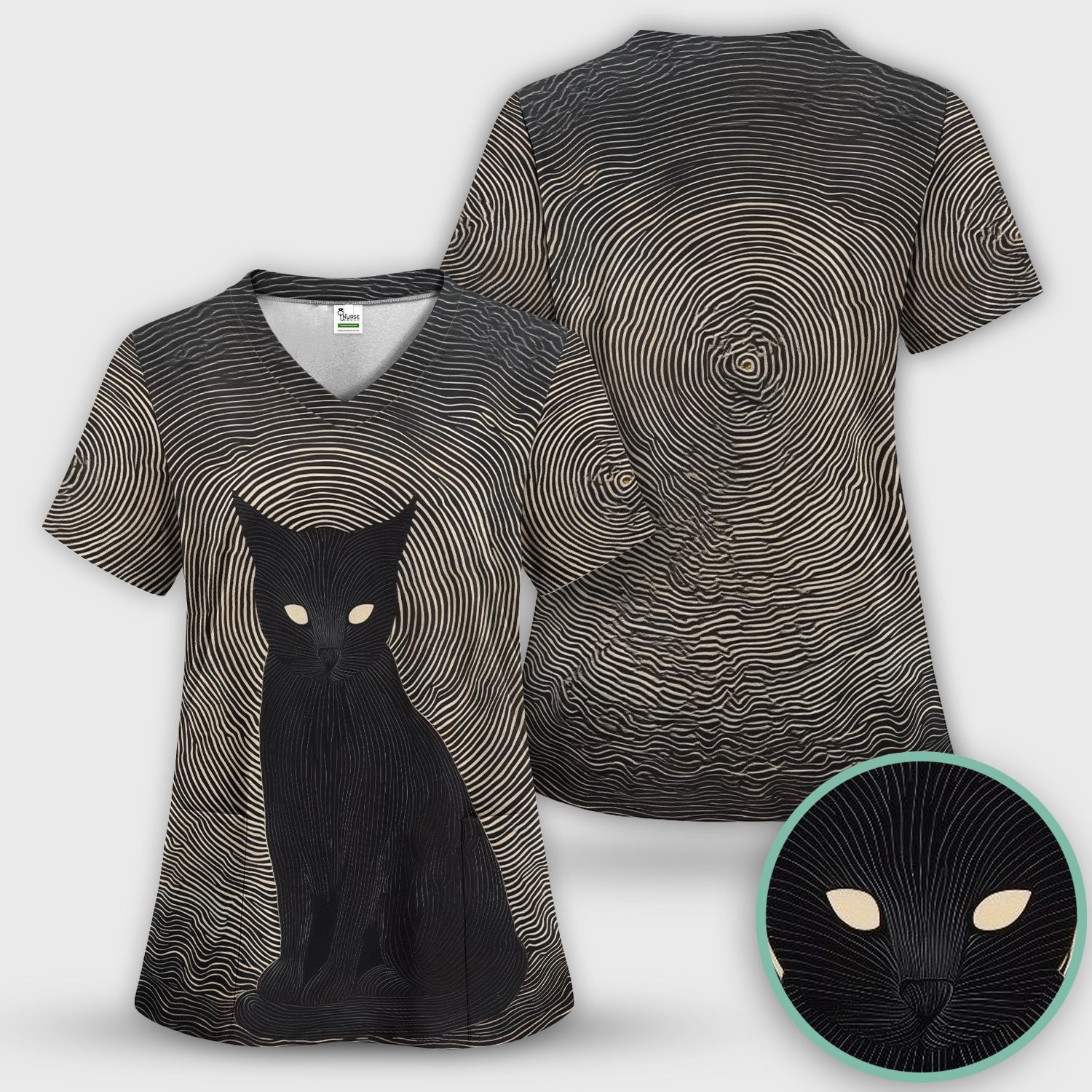 Black Cat Line Art Print Scrub Top, Comfortable Scrubs for Nurses