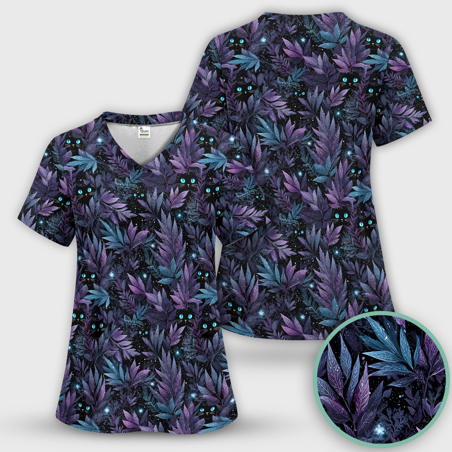 Mystic Black Cat Veterinary Pattern Scrub Set, Scrub Pants and V Neck Top