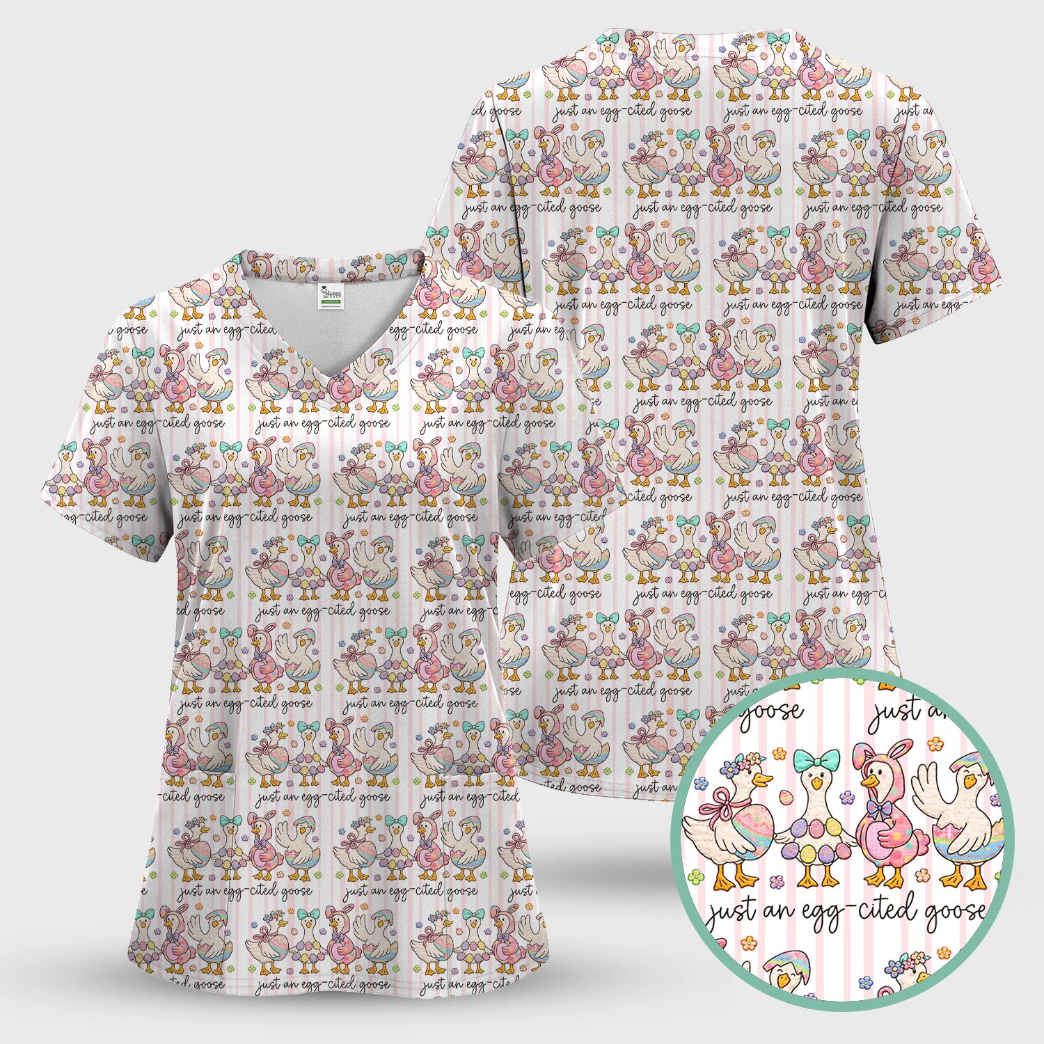 Cute Easter Goose Egg Pattern Scrubs Top, Breathable Fabrics Nursing Uniform