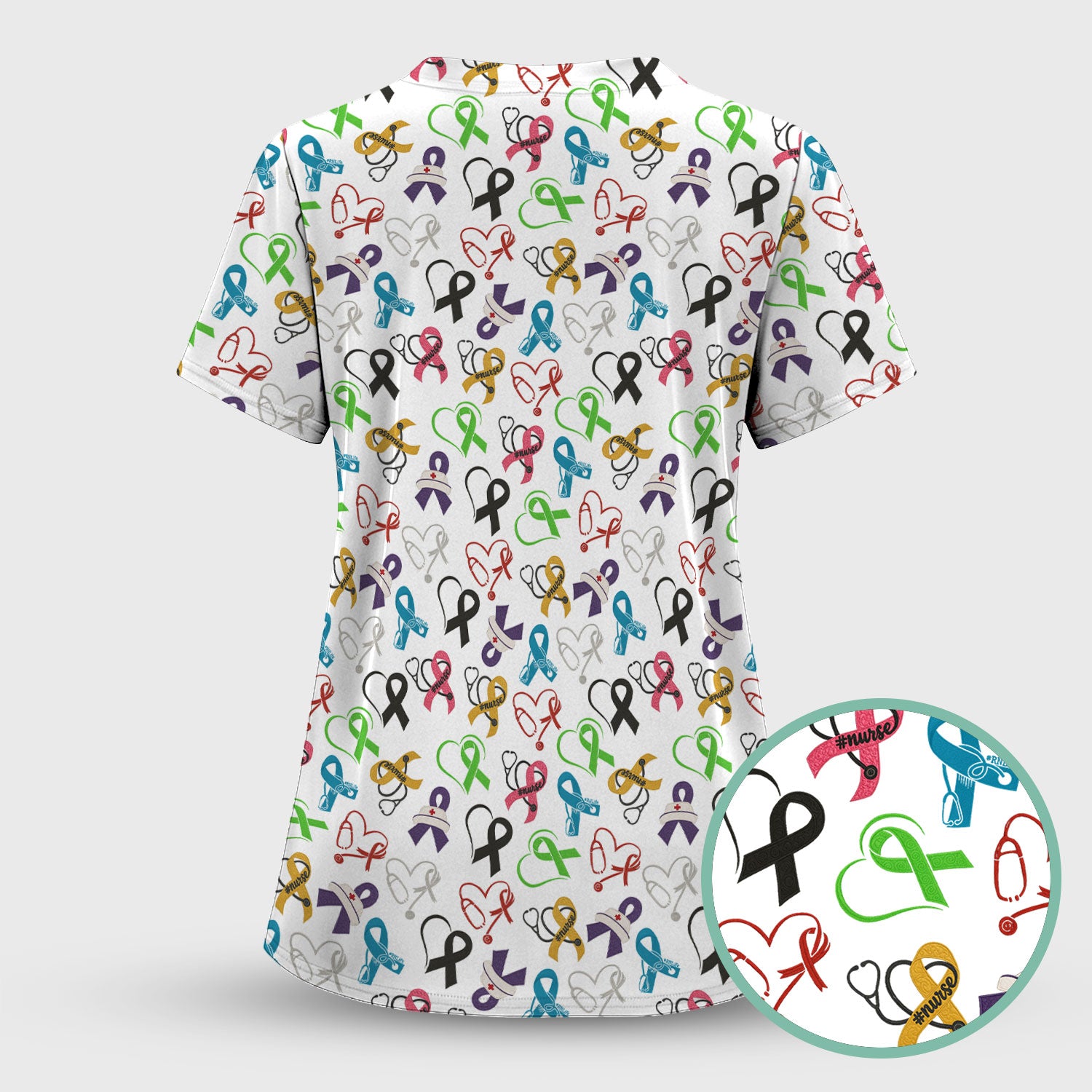 Cancer Awareness Scrub Top - Fight Cancer In All Colors Nurse Shirt - Colorful Ribbon Medical Scrubs Gift with Pockets for Women CNA RN Doctor