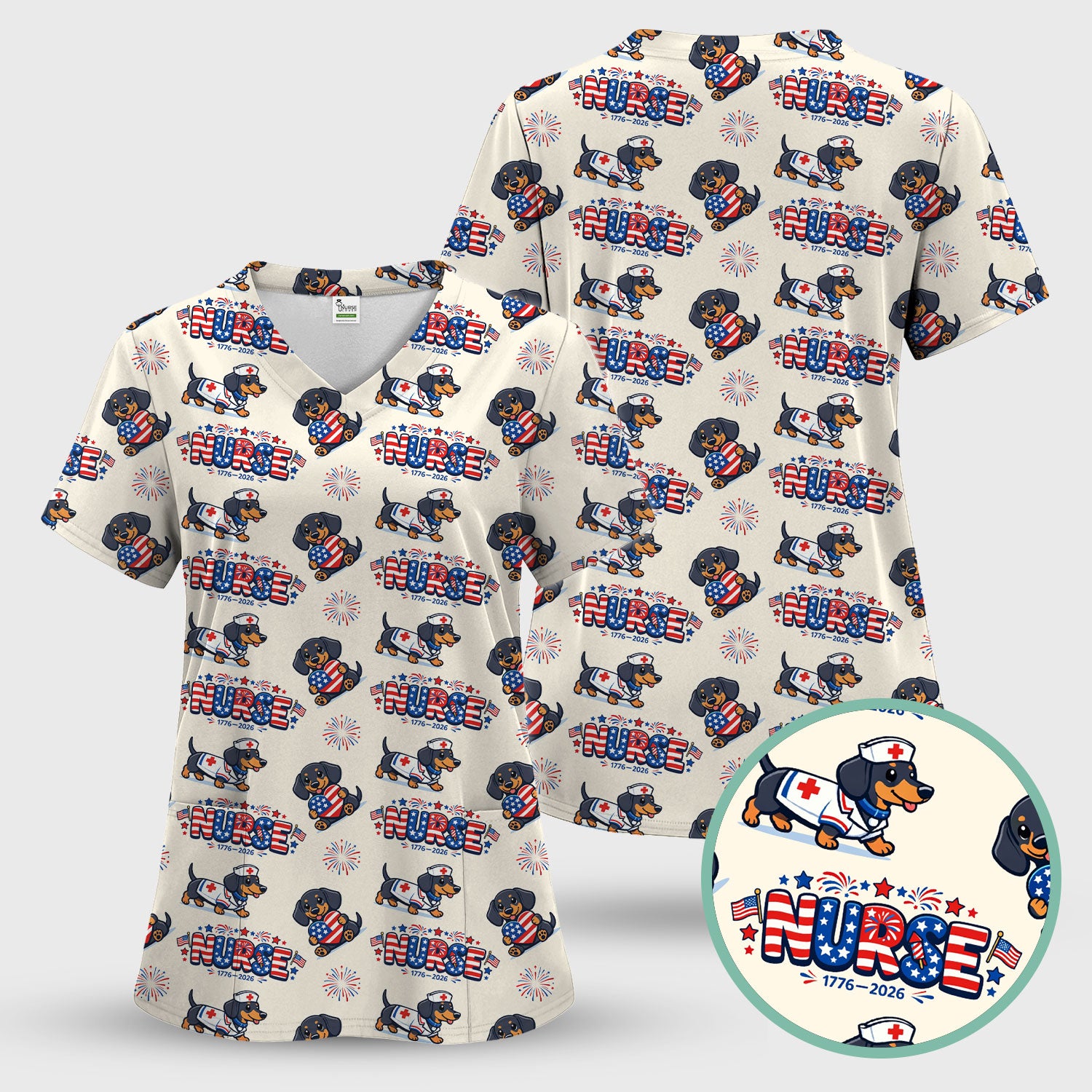 Proud Nurse Patriotic Dachshund Medical Firework Pattern Scrub Set, Nurse Uniform Scrubs Set