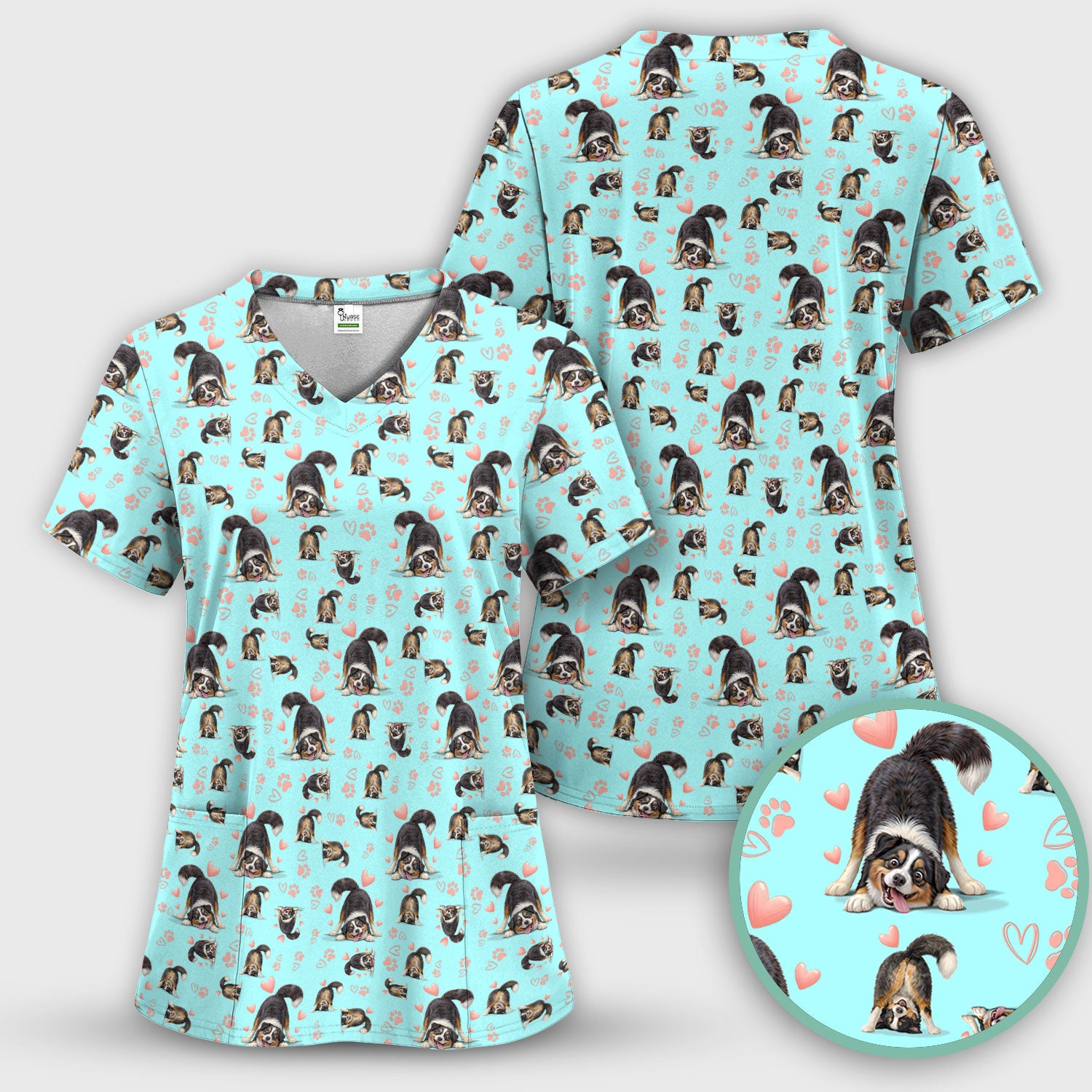 Playful Dog Heart Medical Print Scrub Set, Breathable Med Uniform