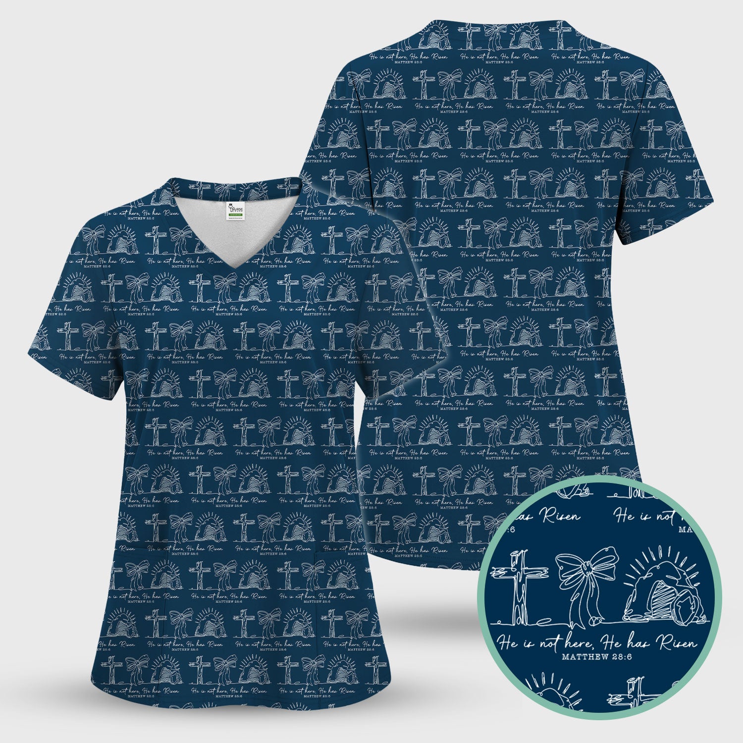 Christian Cross He Is Risen Pattern Scrubs Top, Comfortable Scrubs for Nurses