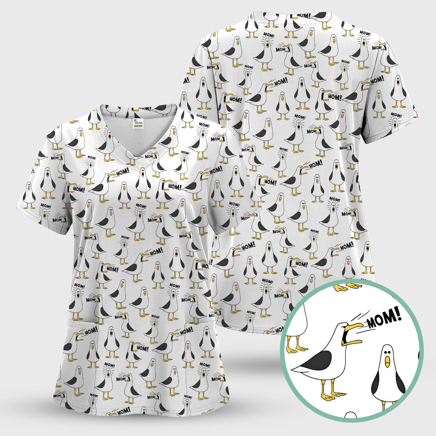 Funny Seagull Mom Seamless Pattern Scrub Set, Scrub Pants and V Neck Top