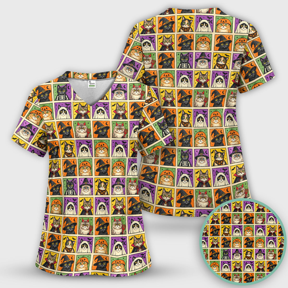 Halloween Cat Costume Patchwork Scrub Top, Comfortable Scrubs for Nurses