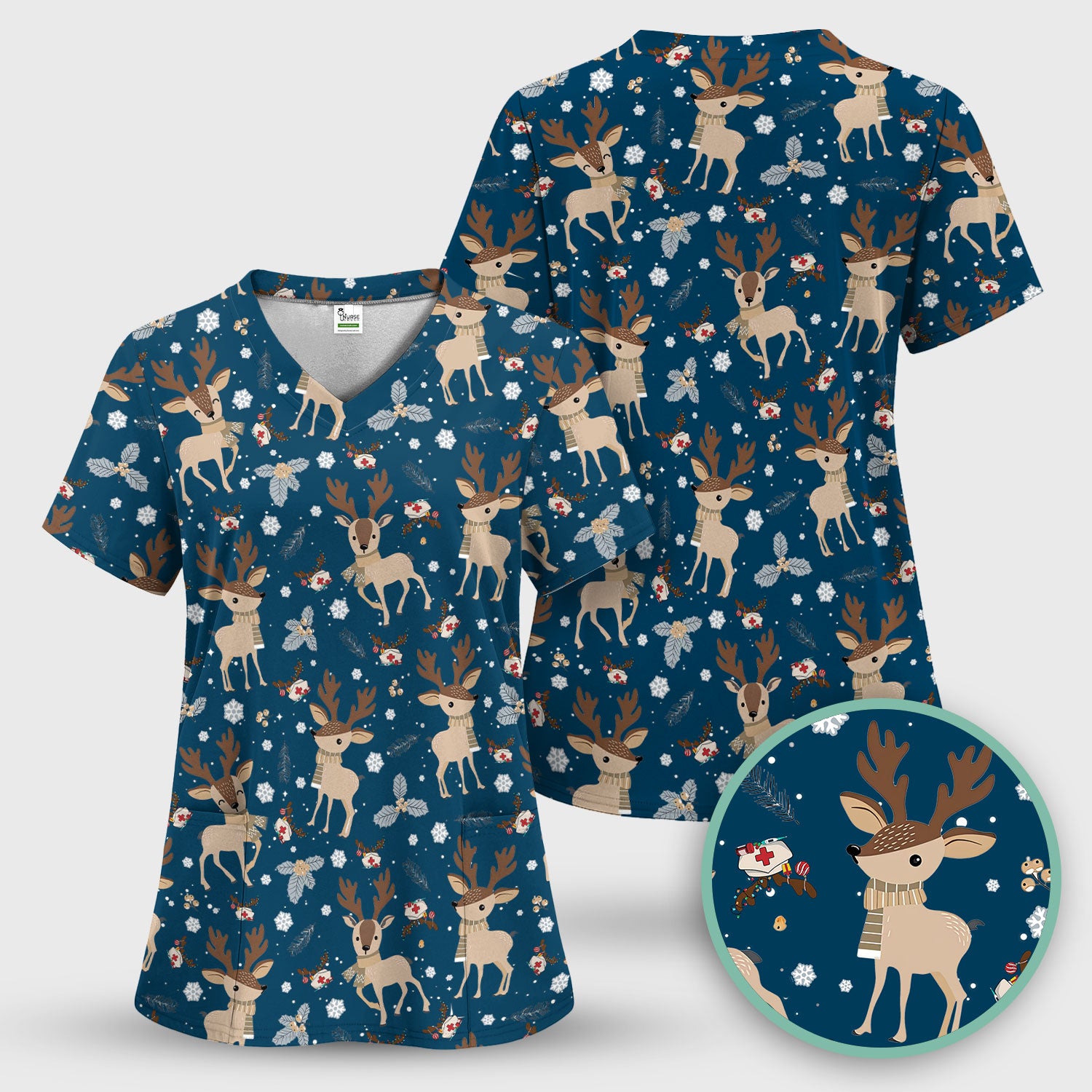 Reindeer Christmas Scrub Top - Cozy Beige Holiday Nurse Shirt with Cute Deer Pattern - Festive Medical Scrubs for Women RN CNA LPN