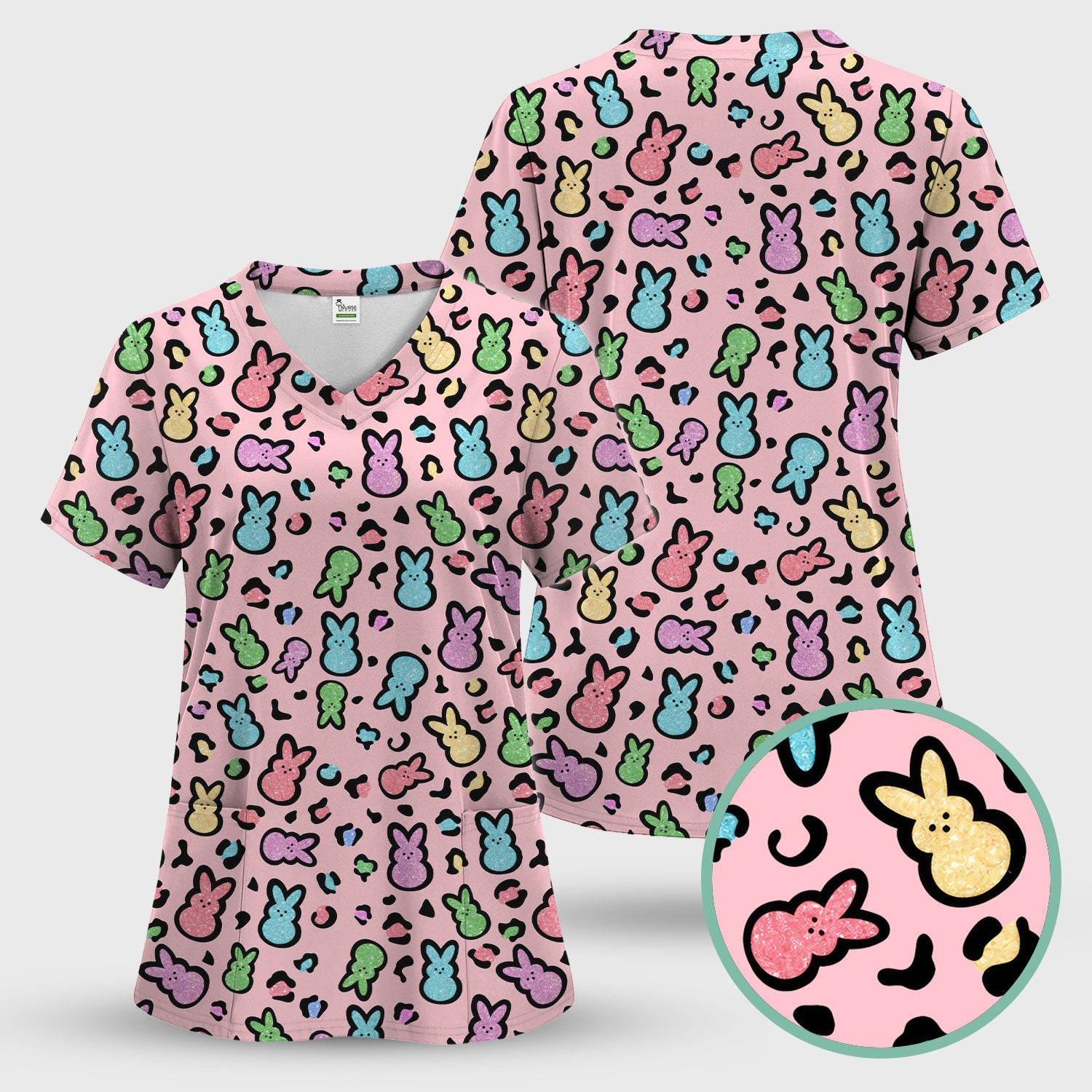 Cute Easter Bunny Pastel Pattern Scrub Set, Scrub Pants and V Neck Top