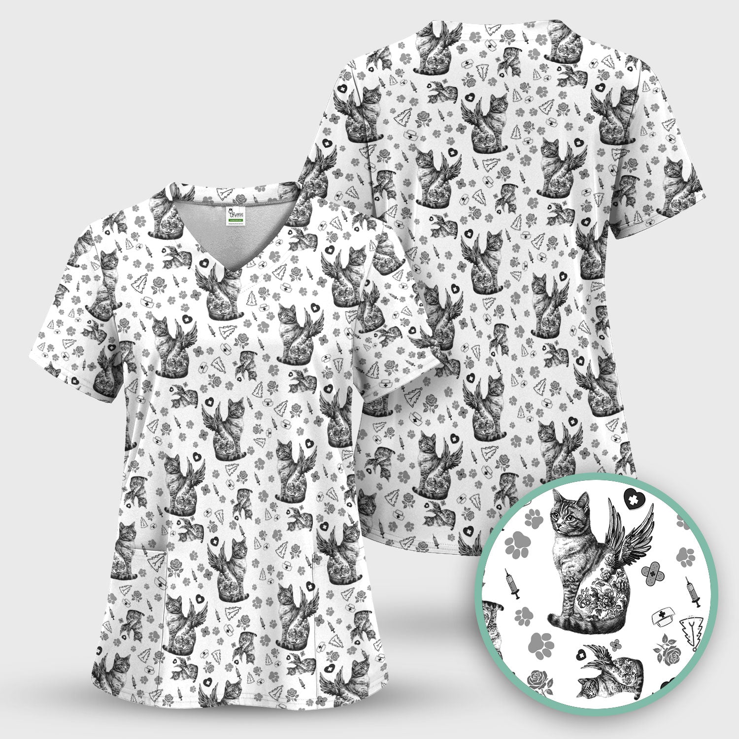 Toile de Jouy Cat Angel Scrub Top - Blue Vintage Nurse Shirt - French Style Medical Uniform for Women RN LPN CNA Gift