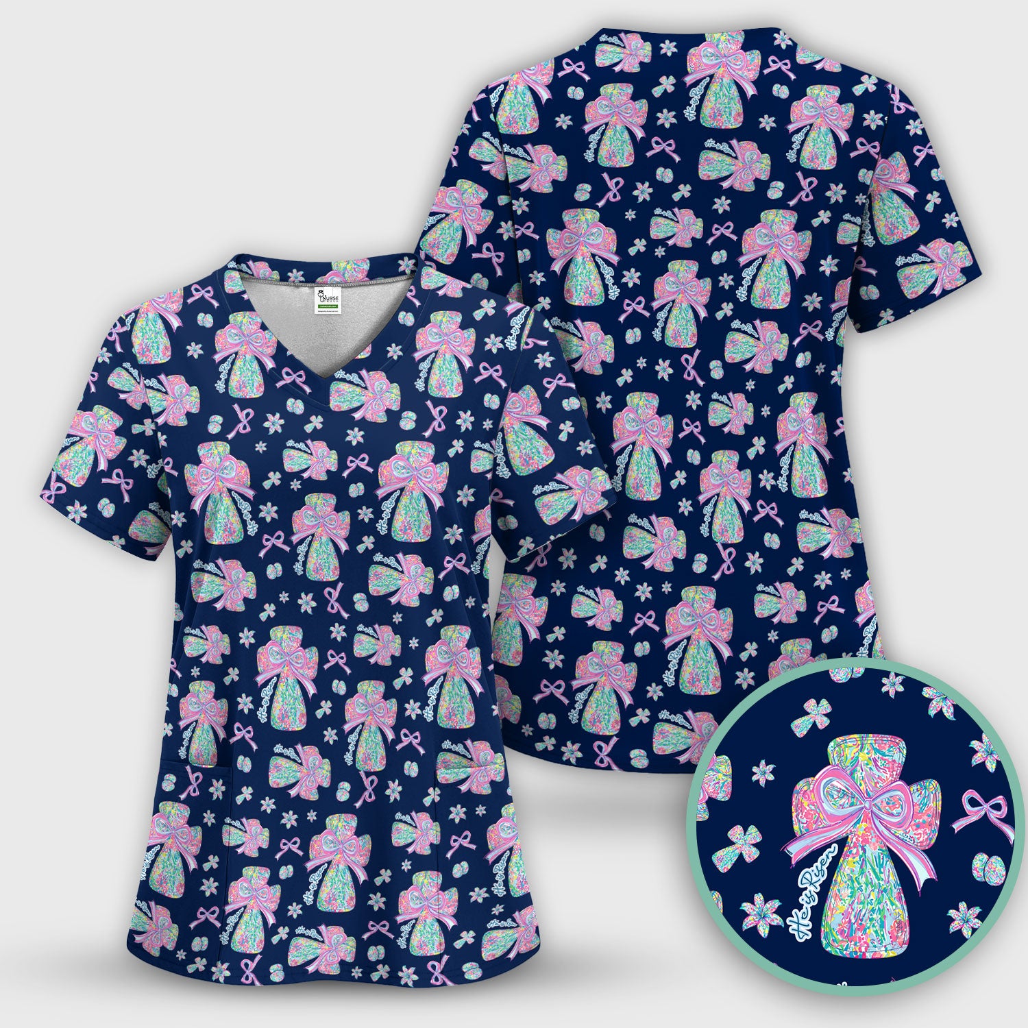 Colorful Bow Pattern Scrub Top, Breathable Fabrics Nursing Uniform