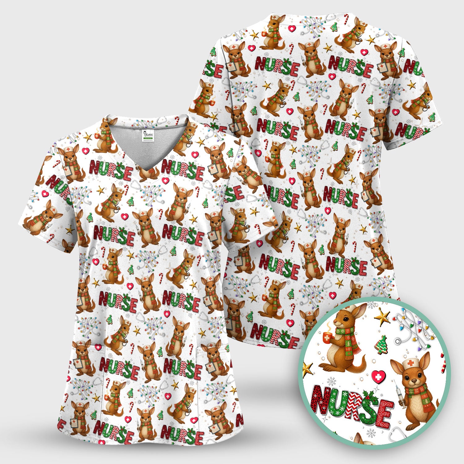 Aussie Kangaroo Christmas Scrub Top - Funny Holiday Nurse Shirt for Women - Cute Animal Medical Uniform