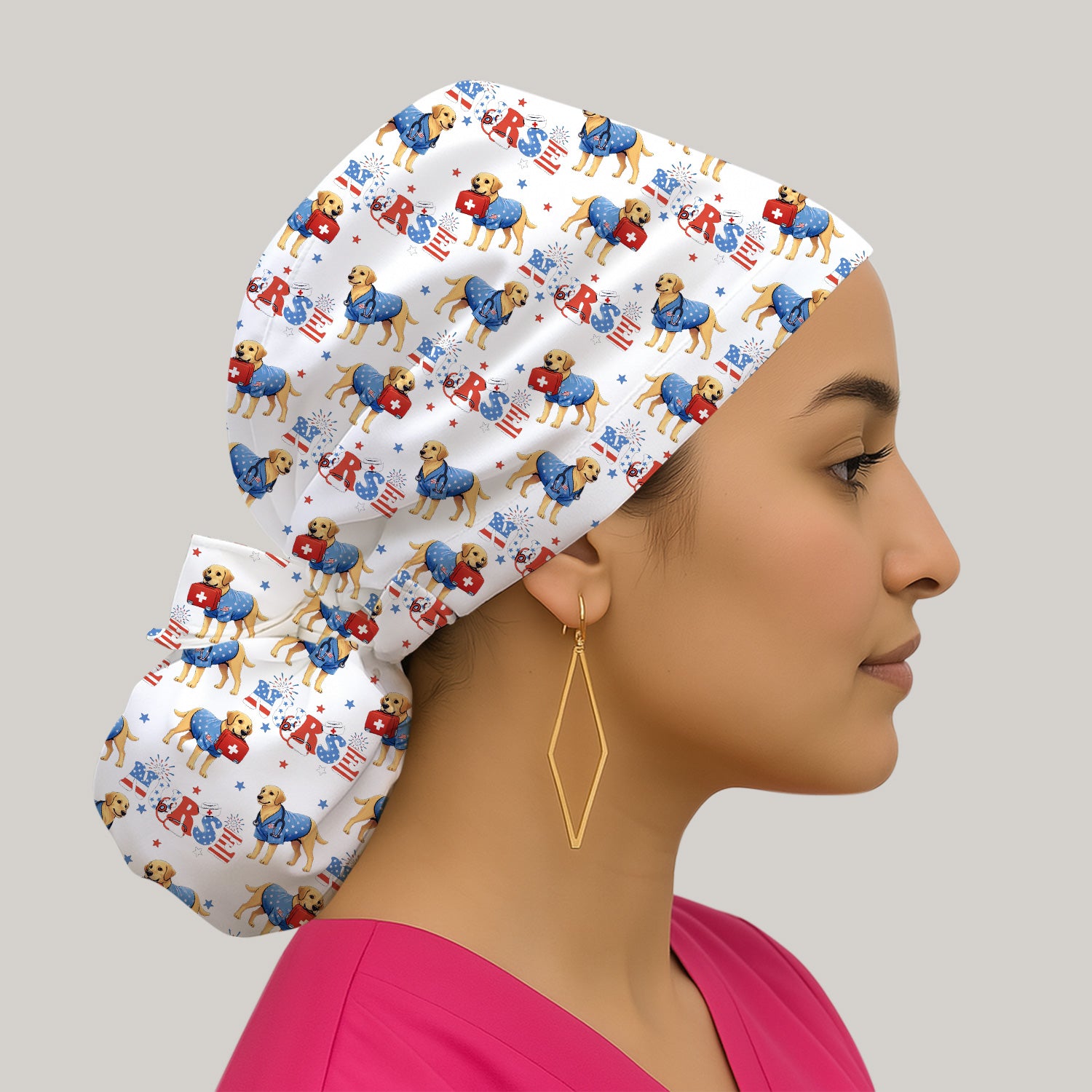 Patriotic Nurse Dog Medical Pattern Cap, Bouffant Scrub Caps for Women